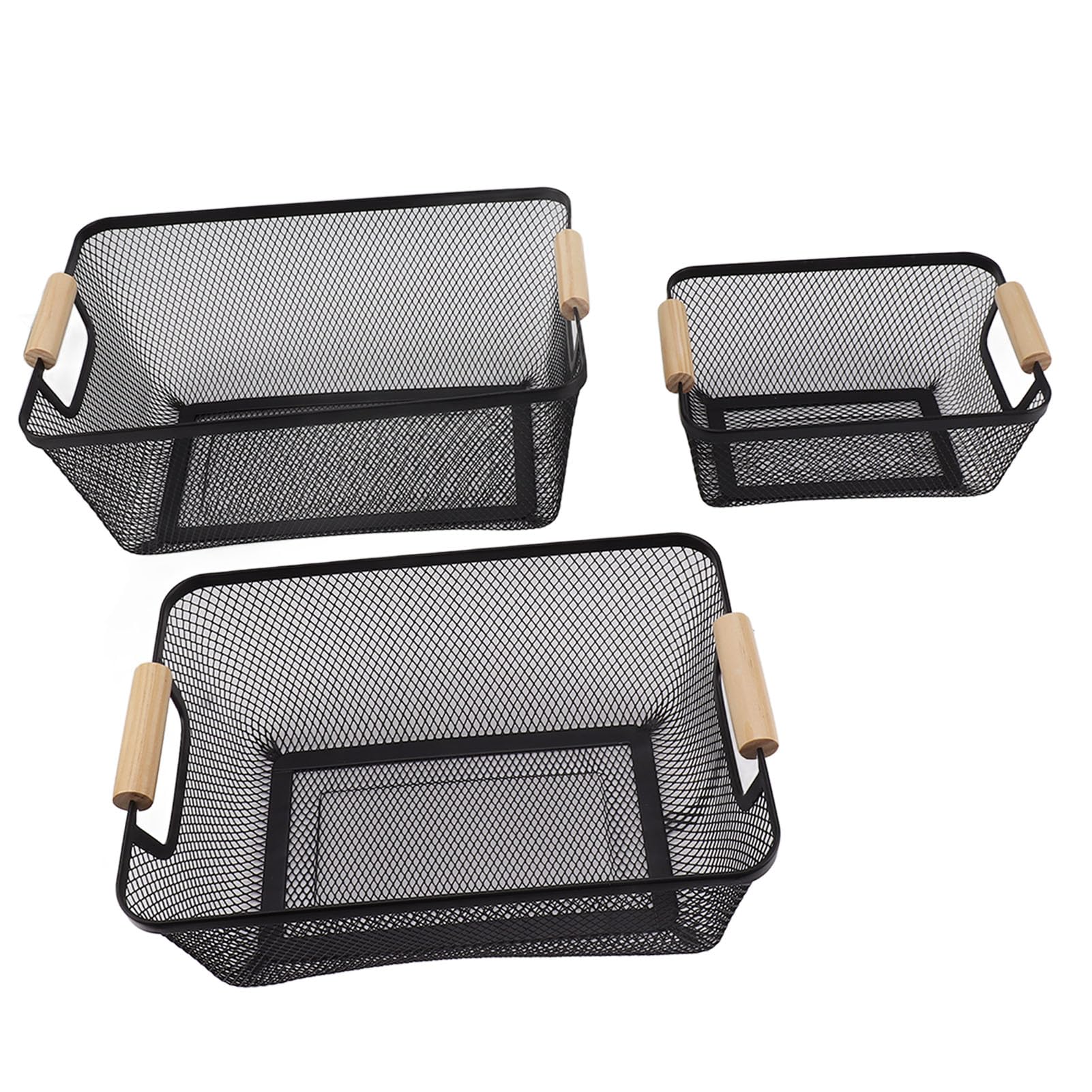 Cesta de almacenamiento con mango de hierro, contenedores organizadores para el hogar, cesta de malla de alambre con asas de madera, para cocina, baño, oficina, (Negra)