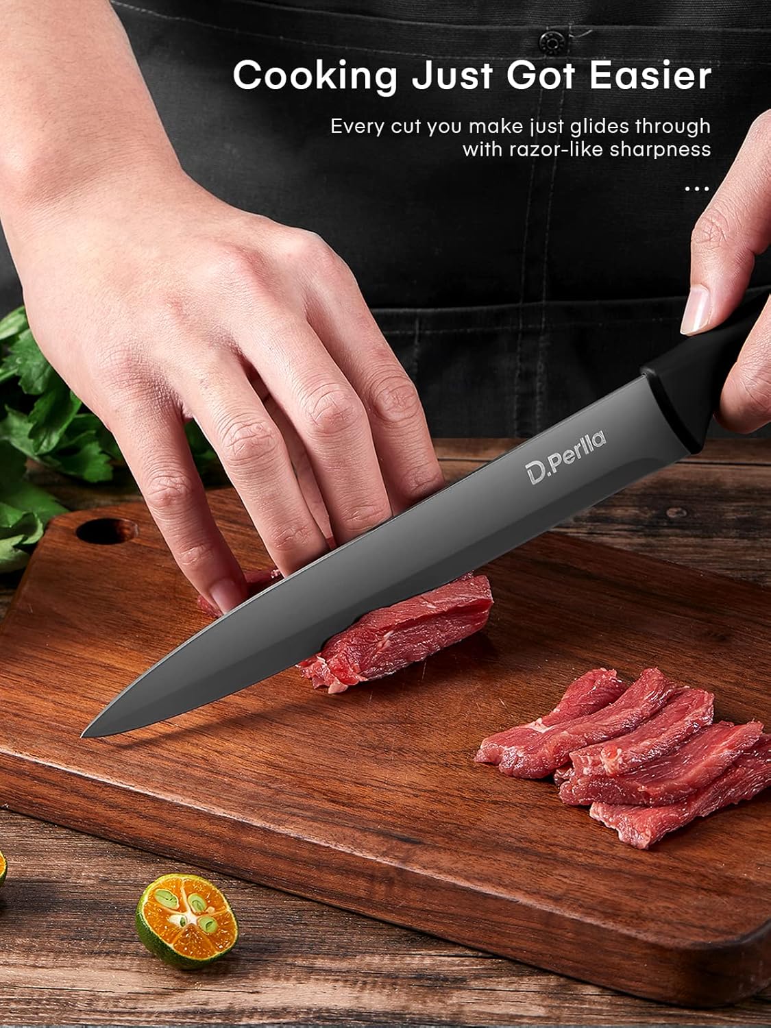 D.Perlla Knife Set with Block, 15 Pieces Kitchen Knife Set, Non Stick Black Colour Coating Stainless Steel Blade, No Rust, Sharp Knife Block Set