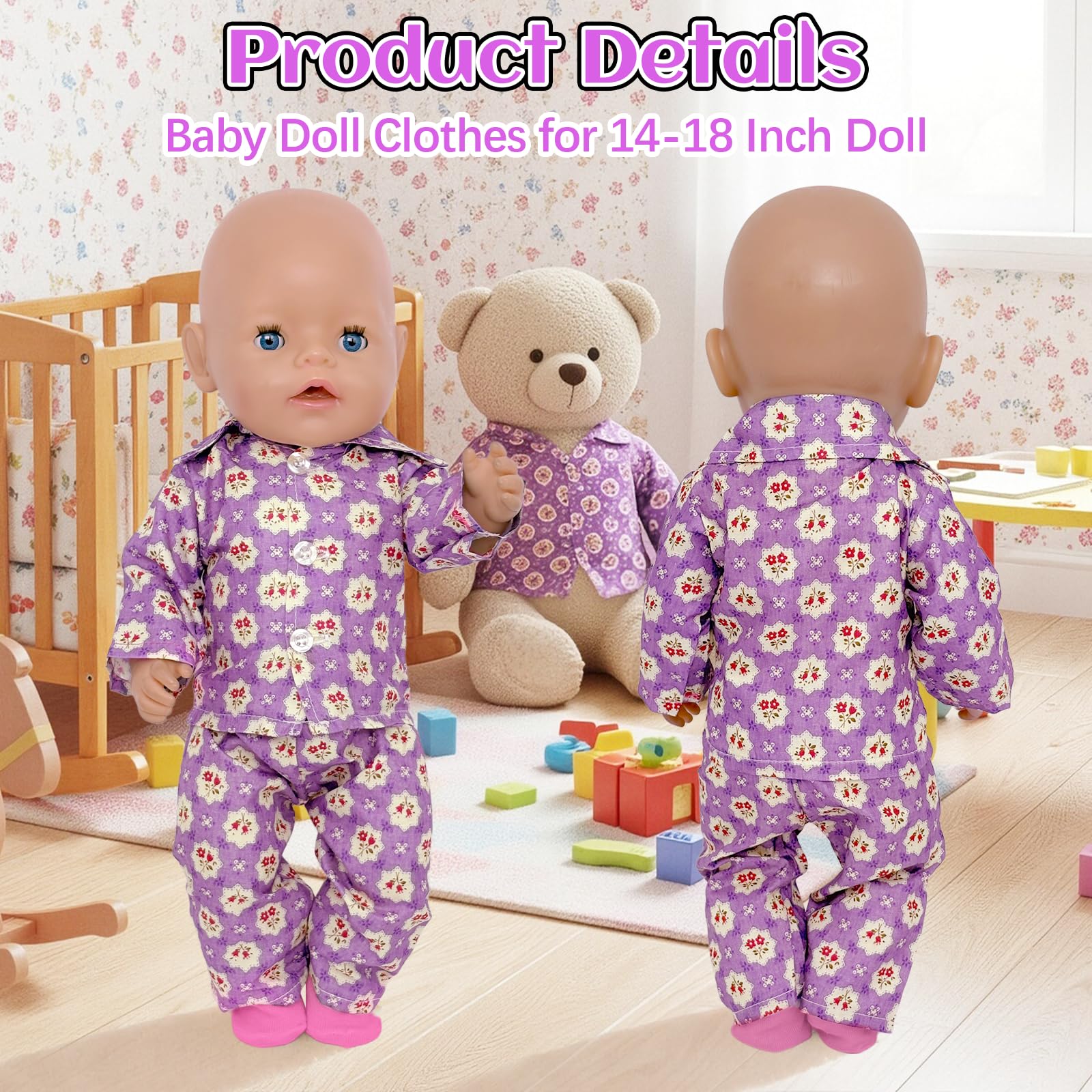 2 Sets Dolls Clothes Pajamas for 14-17 Inch Doll, 30-45cm Newborn Baby Doll Clothes with 2 Floral Print Shirts, 2 Pants - Image 5
