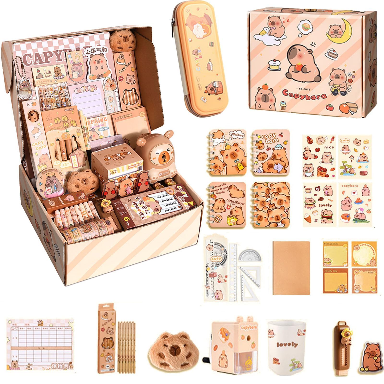 Ensemble Papeterie Capybara 34 Pièces - Trousse Kawaii Grande Capacité, Stylos, Règles, Autocollants - Cadeau Fille