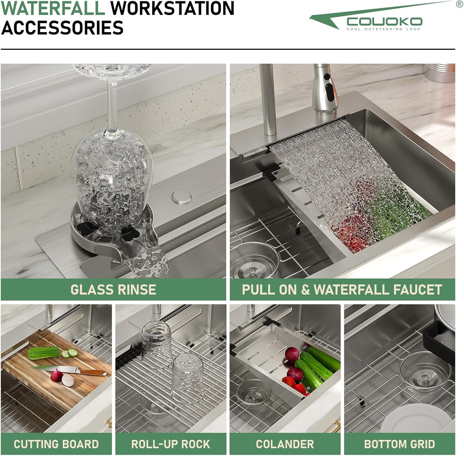 33 Inch Drop In Waterfall Kitchen Sink Workstation Smart 16 Gauge Stainless Steel Single Bowl Waterfall Sinks with Faucet Combo and Cup Washer Set