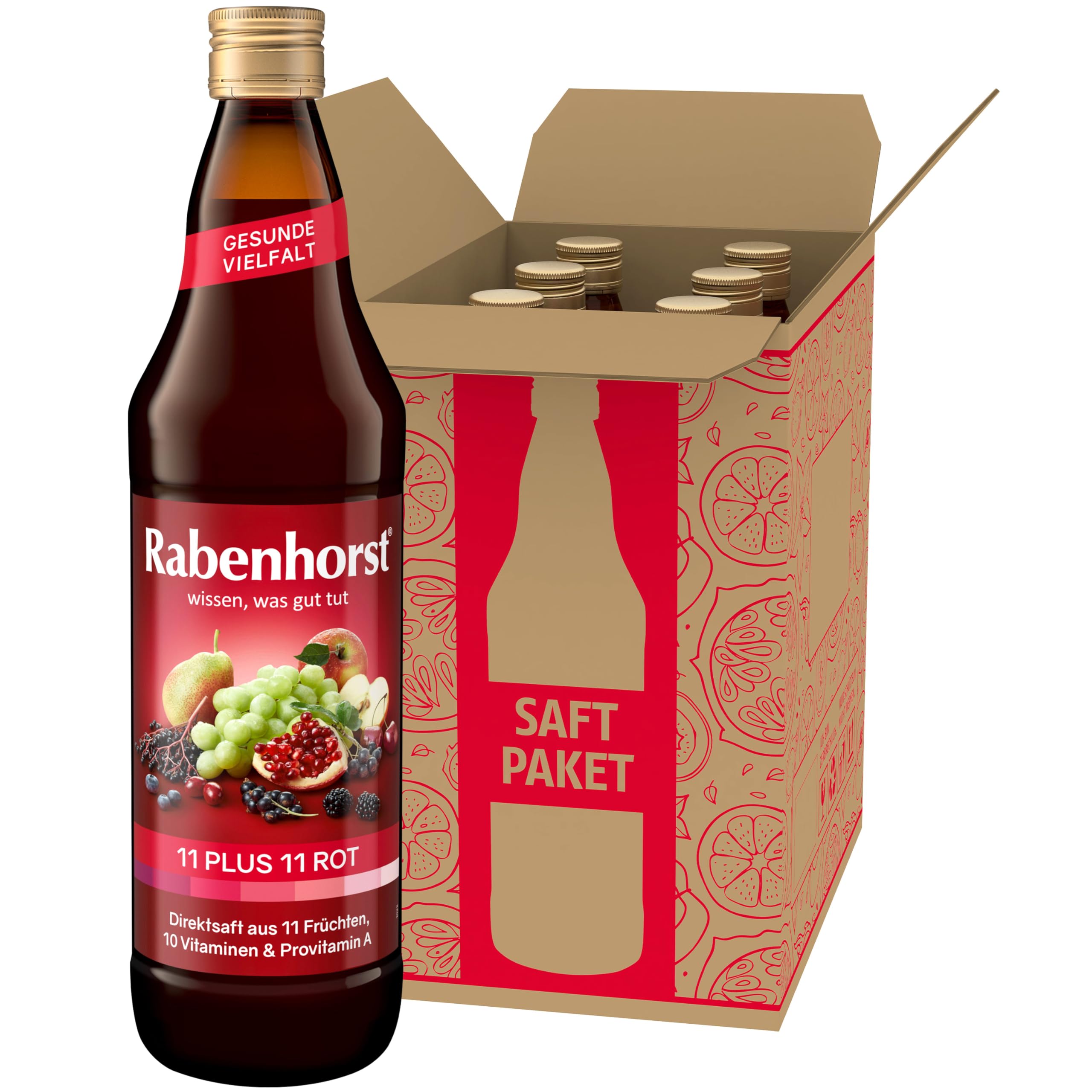 RABENHORST11 PLUS 11 ROT 6er Pack (6 x 700 ml) - Roter Mehrfruchtsaft aus 11 Früchten, 10 Vitaminen und Provitamin A