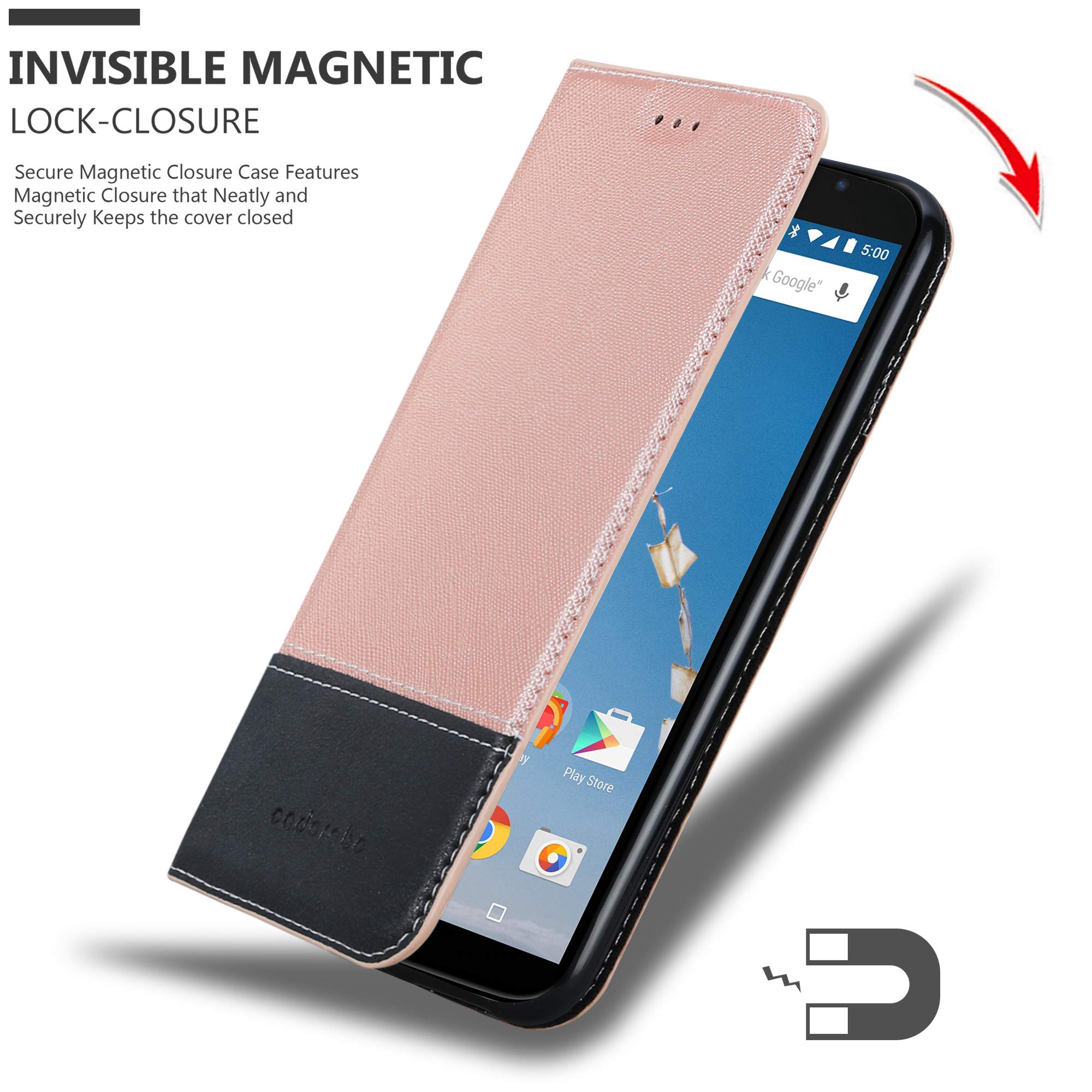 Cadorabo Book Case Compatible with Motorola Nexus 6 in Rose Gold Black - with Magnetic Closure, Stand Function and Card Slot - Wallet Etui Cover Pouch PU Leather Flip