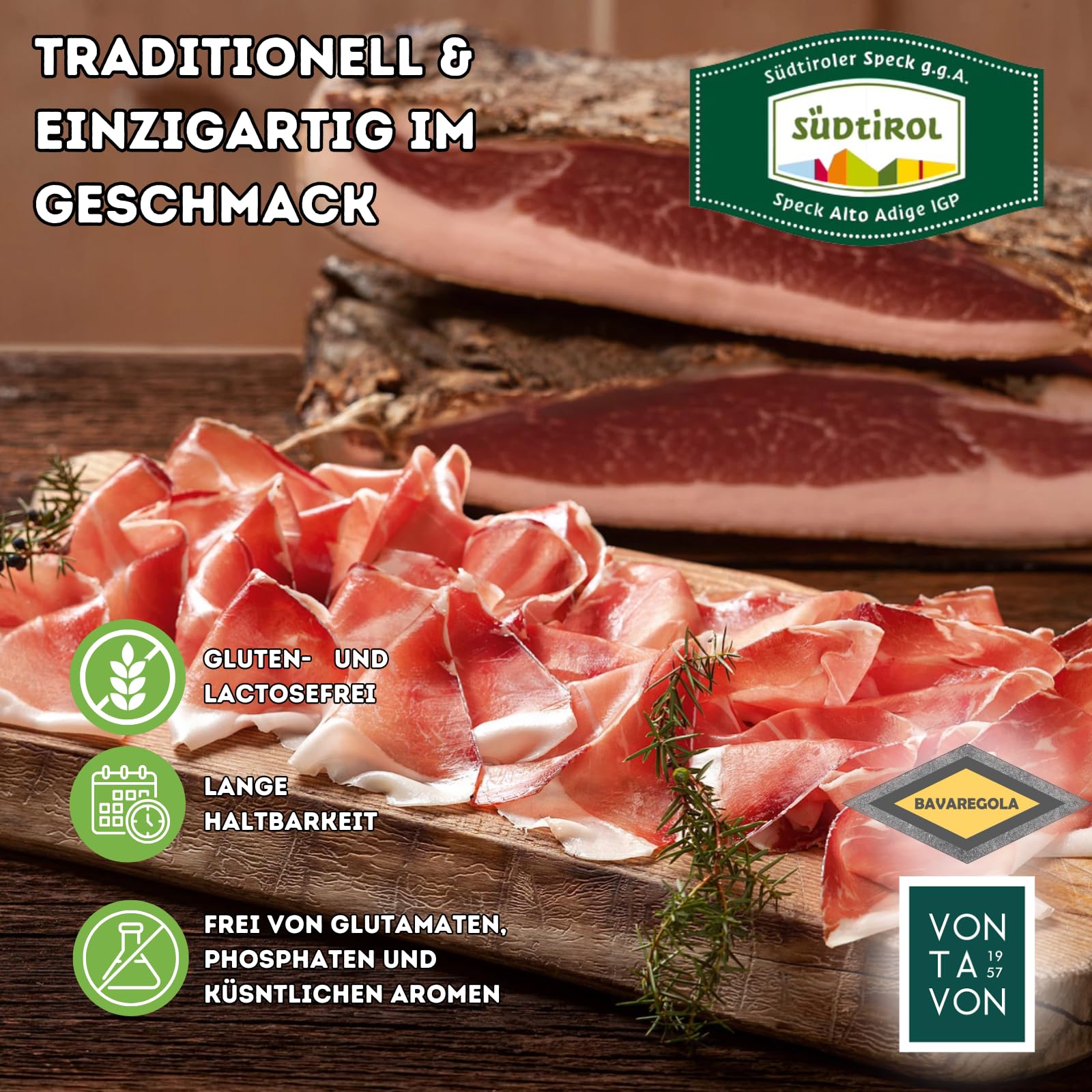 BAVAREGOLA Südtiroler Brotzeitbox - 200g Stück Südtiroler Speck g.g.A & 2 Kaminwurzen in der modernen Frischhaltedose - Südtiroler Spezialitäten als kleines Geschenk für Männer & Frauen