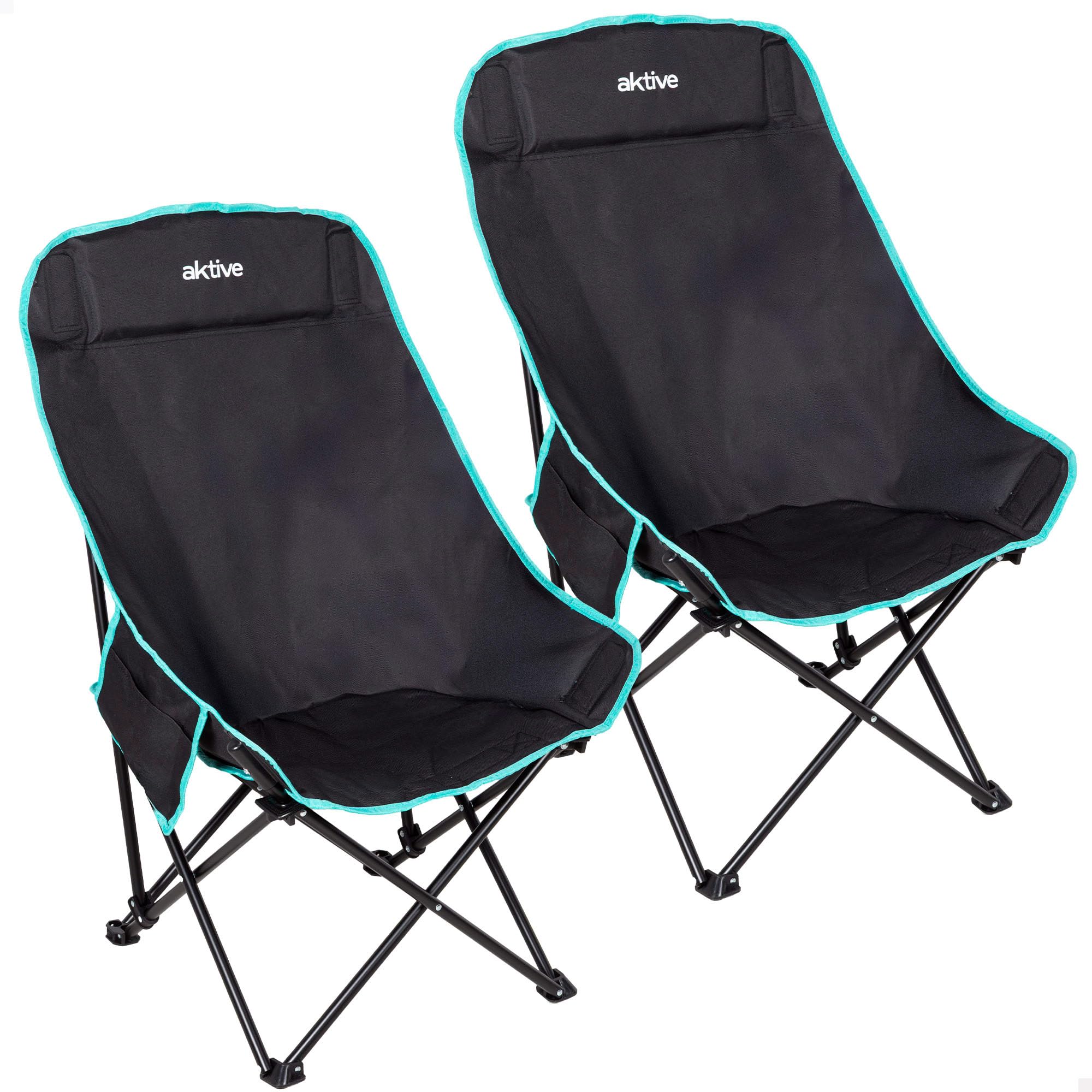 AKTIVE Pack 2 sillas Camping, 55x45x90 cm, Asiento Alto 35 cm, Negro Detalles Turquesa, Respaldo Alto, Antivuelco, Bolsas de Transporte con asa, Bolsillos Laterales (85562)