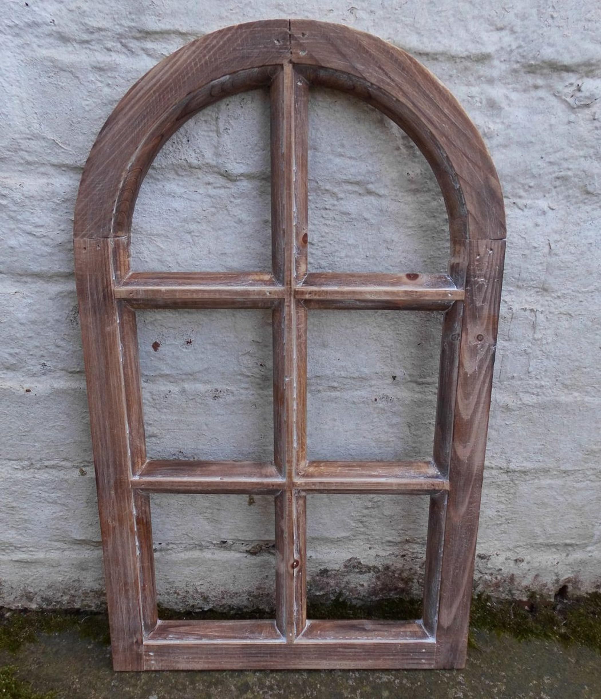 Kleineres Dekofenster Sprossenfenster Dekorahmen halbrund Holz braun 49 cm