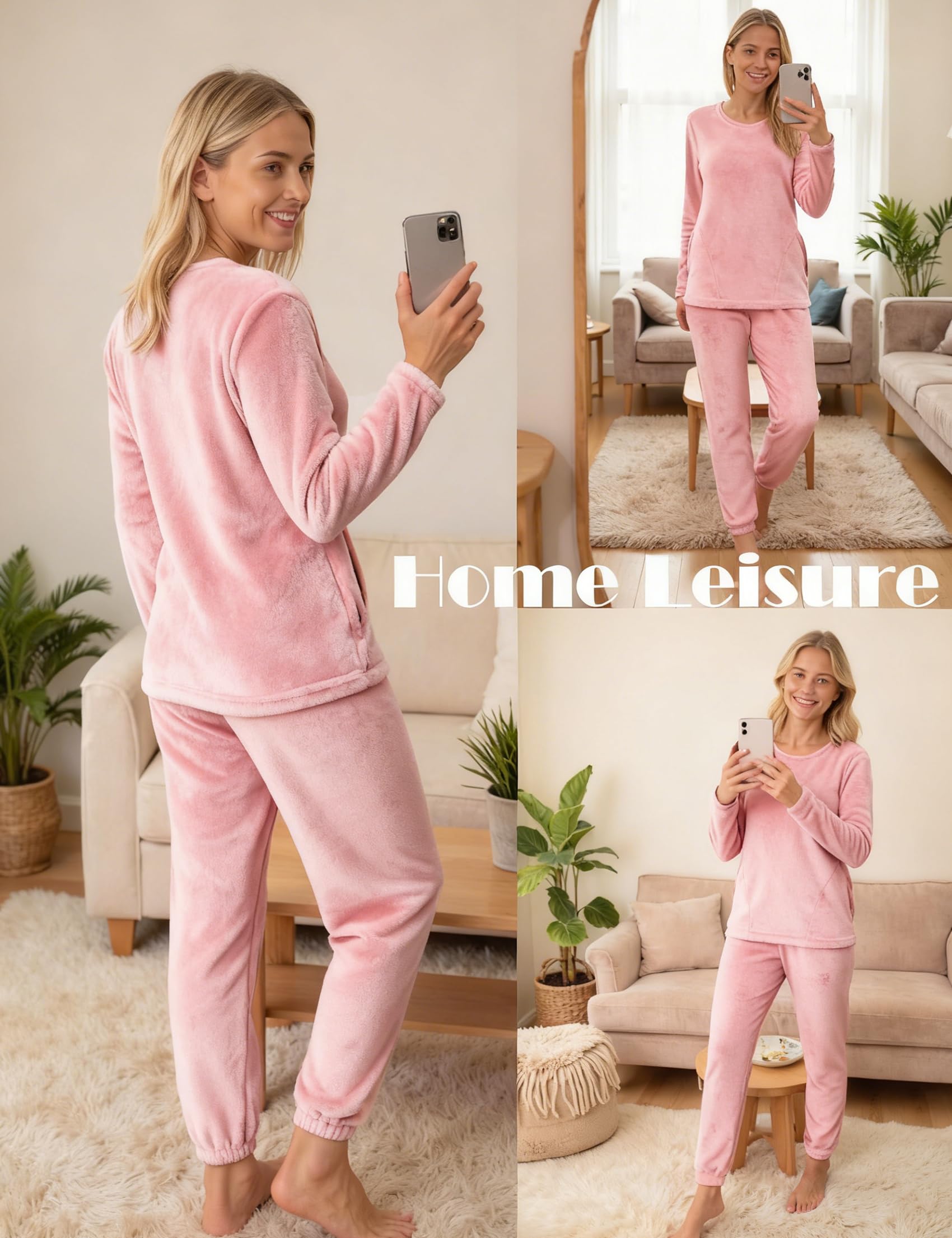 Wayleb Pigiama Donna Invernale Due Pezzi,Velluto Loungewear Tuta Casa Calda Autunno Inverno Manica Lunga Girocollo Maglia Top con Tasche e Pantaloni S-3XL