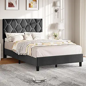 GAOMON Grey Twin Bed Frame with Upholstered Headboard, Heavy-Duty Platform Bed Frame with Strong Wood Slats, No Box Spring Needed/Noise Free/Easy Assembly