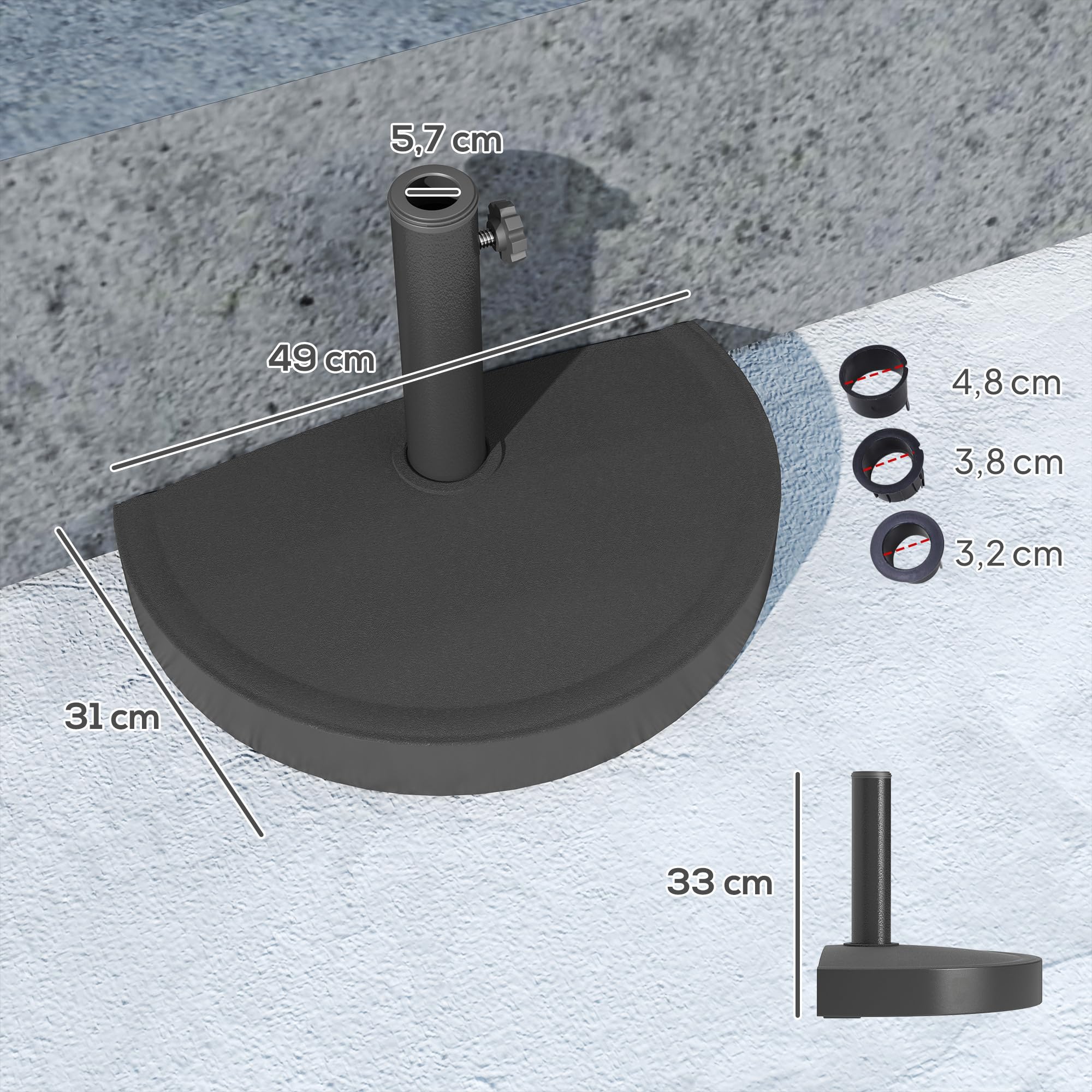 Outsunny Pied de Parasol 9 kg, Support Parasol en résine pour mât de 32, 38, 48 mm, Base de Parasol pour terrasse Piscine Patio Jardin, 49 x 31 x 33 cm, Noir