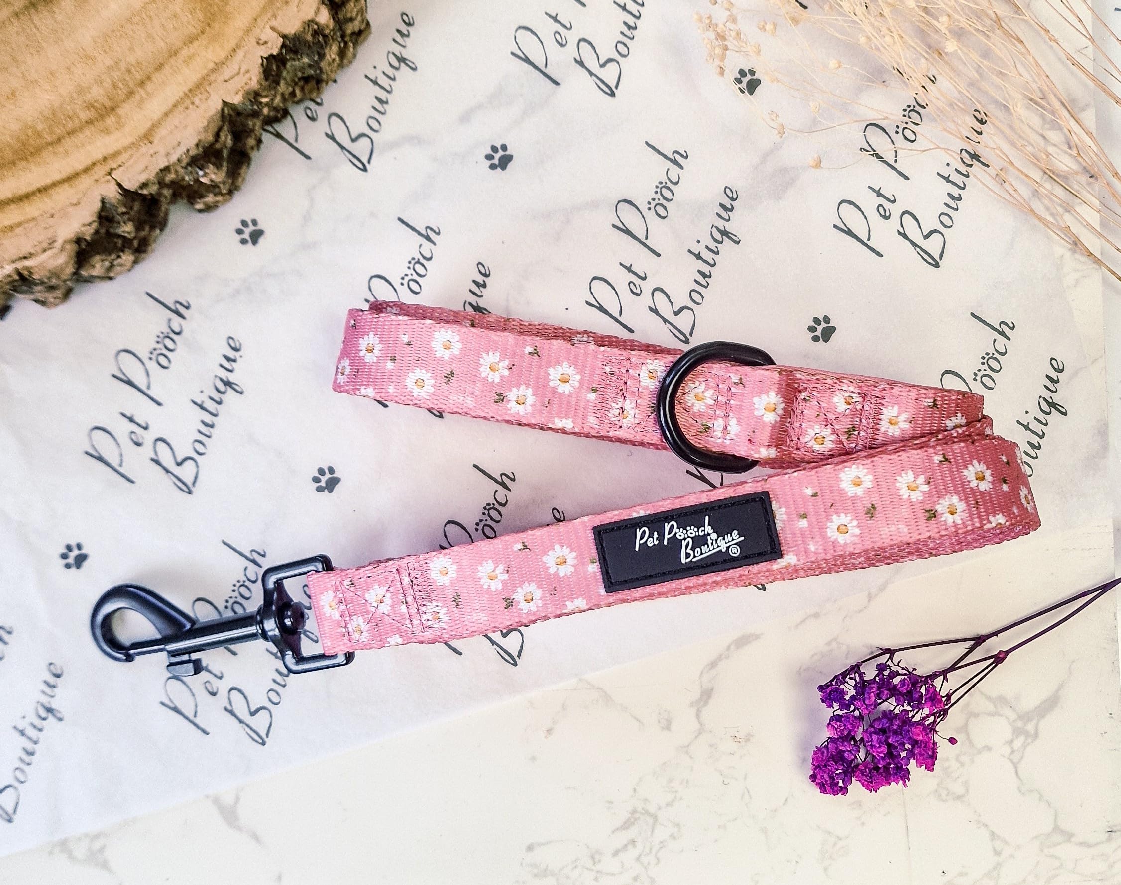 Dusky Pink Daisies Floral Dog Lead - Reversible, Pet Pooch Boutique 2cm x 152cm