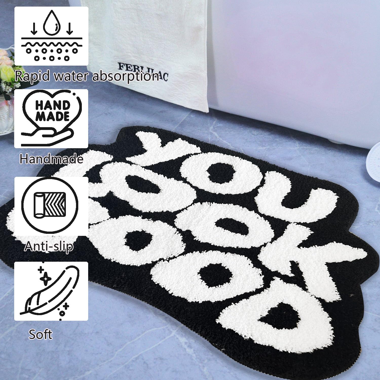 Alfombra de baño You Look Good, bonita alfombra de baño para baño, alfombra antideslizante para dormitorio, tapete de baño suave y elegante (negro y blanco, 21 x 29 pulgadas) 2
