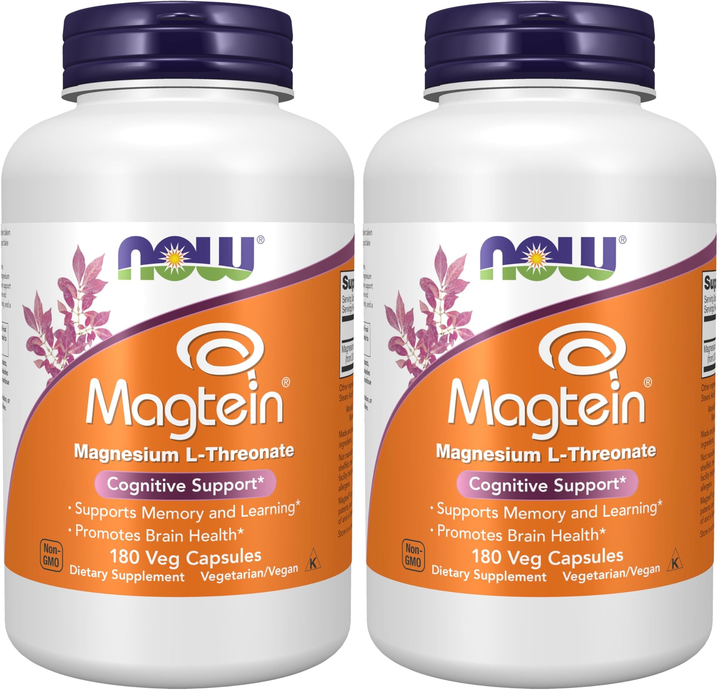 Now Foods Supplements Magtein, Magnesium L-Threonate, Cognitive Support*, 180 Veg Capsules, (Pack of 2) 180 Count (Pack of 2)