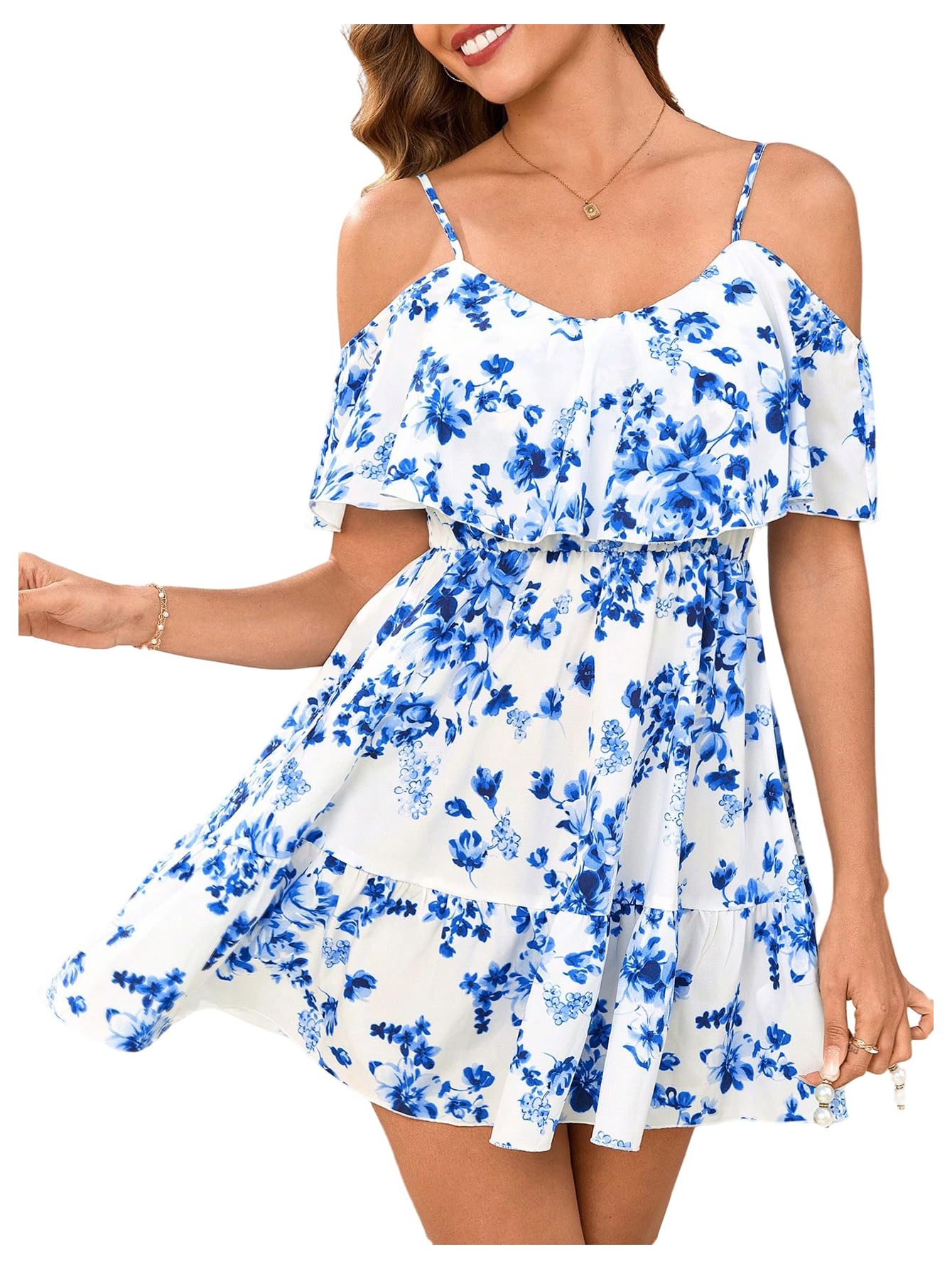 SOLY HUX Women's Boho Floral Print Cold Shoulder Dress Short Sleeve Ruffle A Line Vacation Elegant Mini Dresses