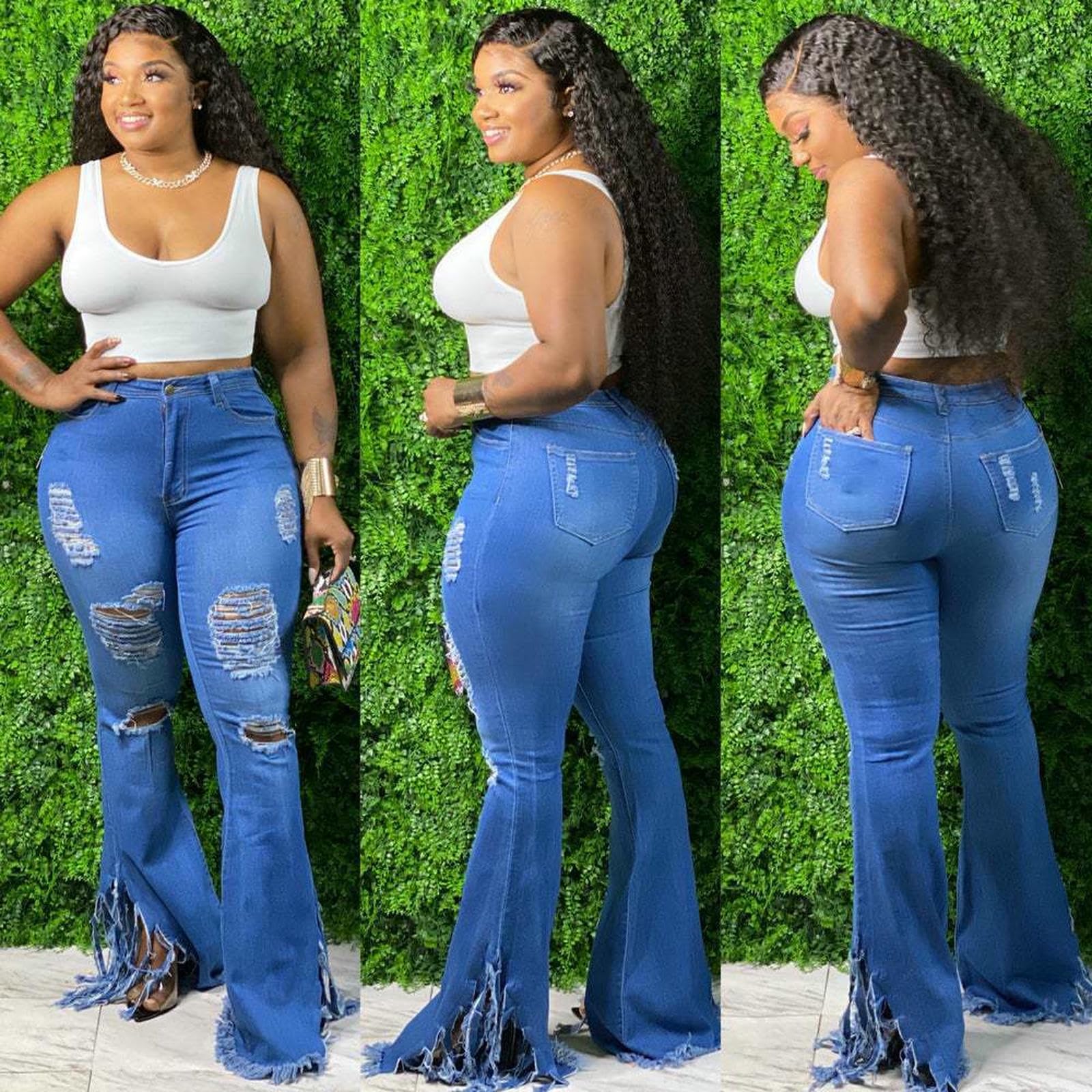 Jeans da Donna Skinny A Zampa D'elefante Elasticizzati Gamba Larga Vita Alta Classici retrò-Blu Scuro-l