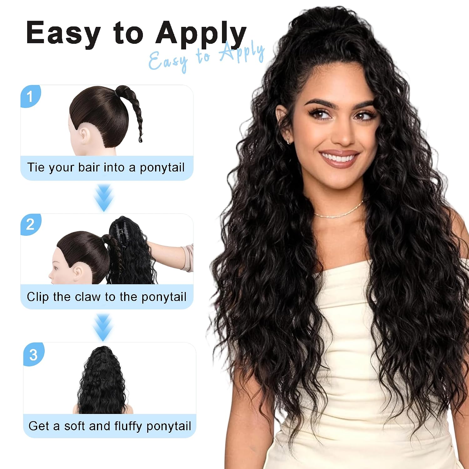 TYQ Ponytail Extension, 24" Claw Clip Ponytail Extension for Women Curly Pony Tail Fluffy Natural Looking Clip in Synthetic Hairpiece for Women(Natural Black)