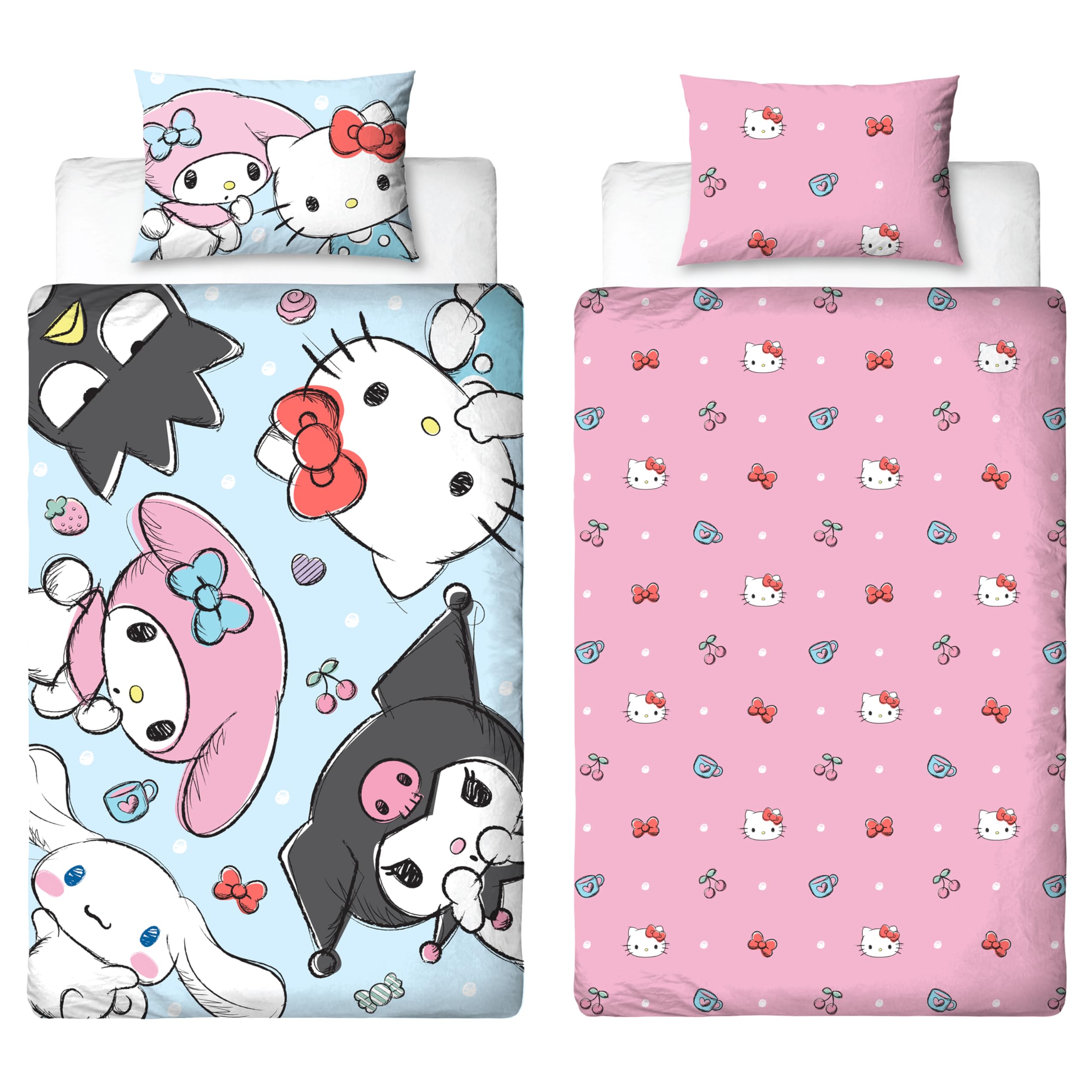 Hello Kitty Official Single Duvet Cover Set | Sugar Design | Reversible 2 Sided Bedding Cover | Official Merchandise Including Matching Pillow Cases | Polycotton | Multicolour