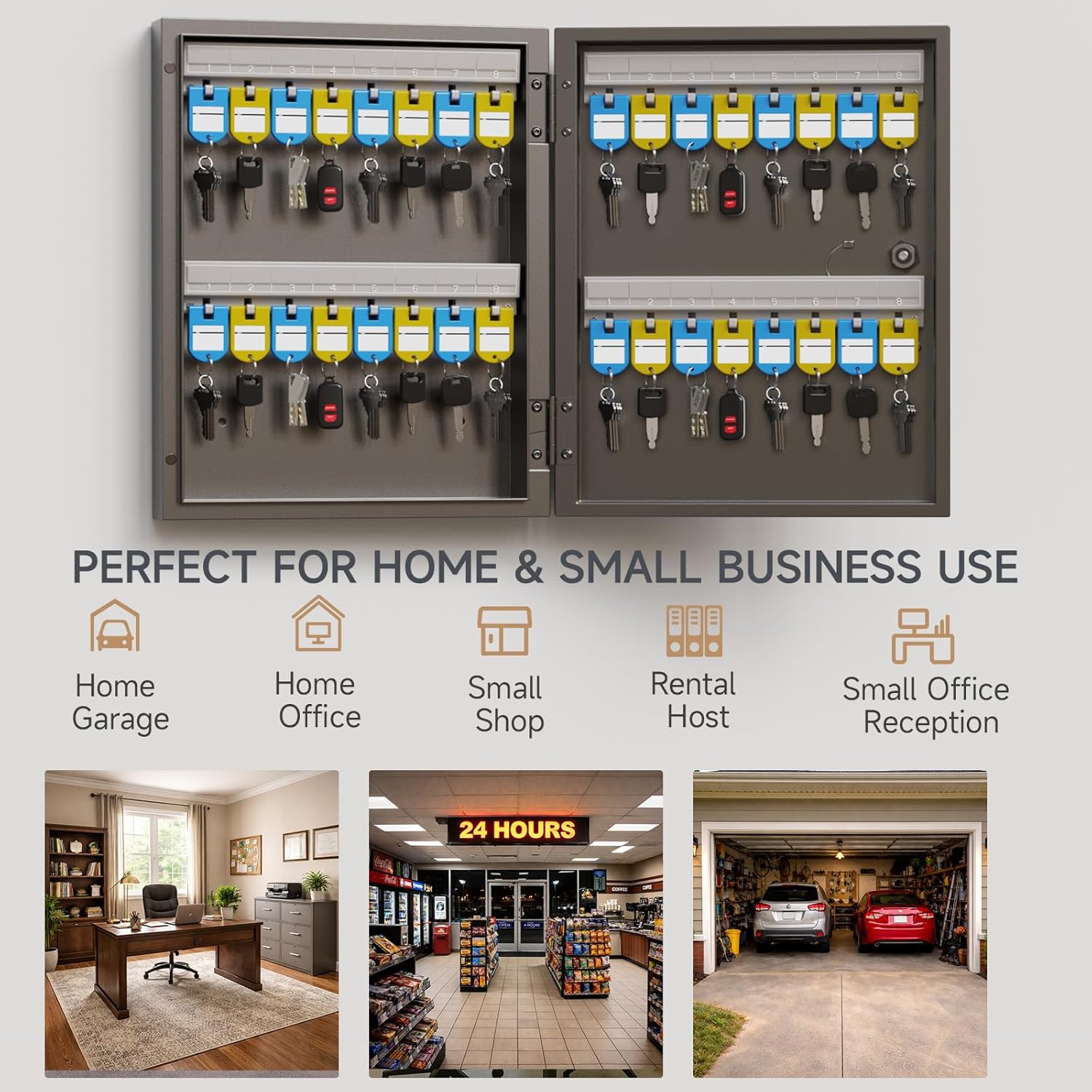 32-Keys Key Lock Box, Wall Mount Key Cabinet with Magnetic Door and Tags, Security Key Holder Lockbox for Home, Garage, Car Key Storage for School, Small Office, Valets, Hotels