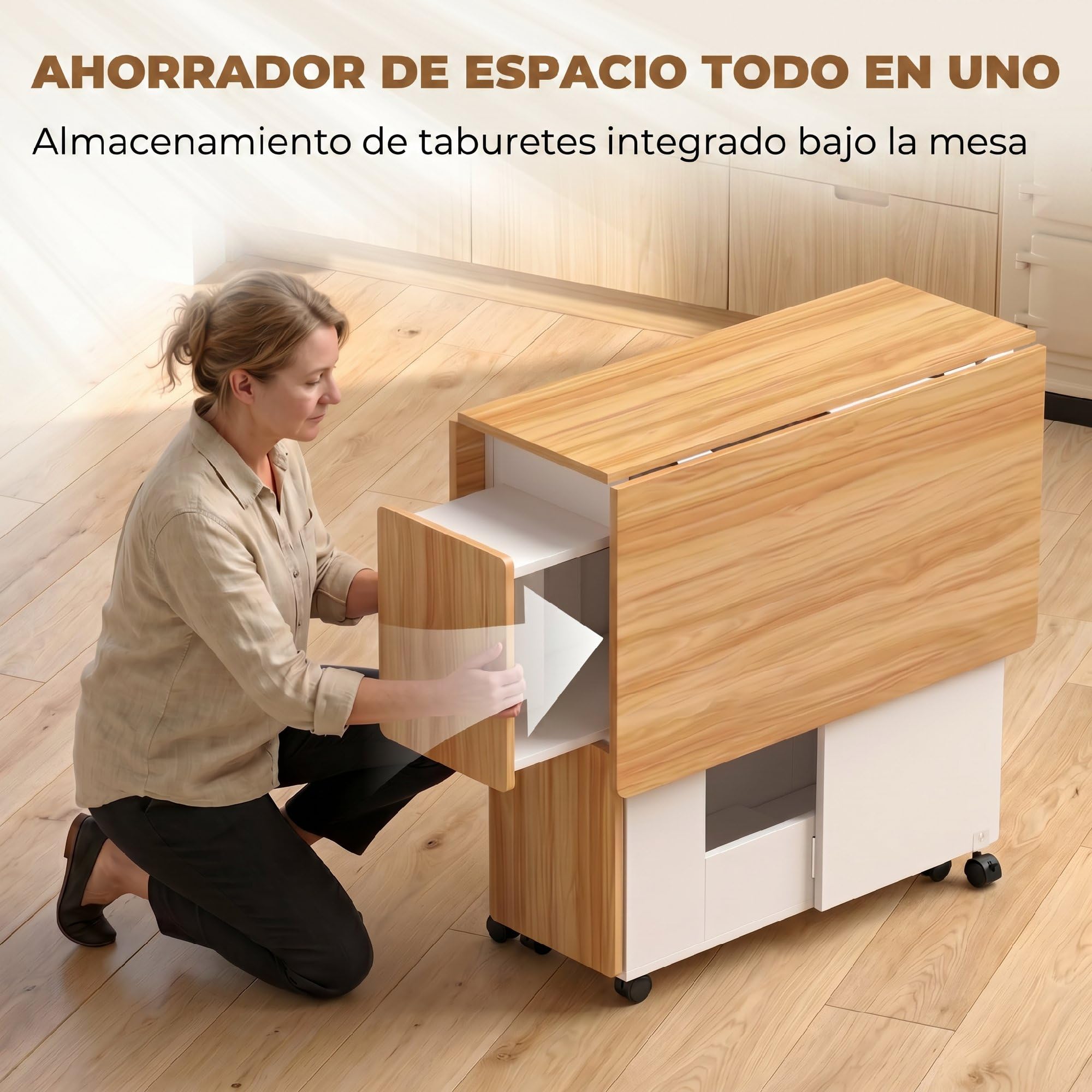 HOMCOM Conjunto Mesa y 4 Sillas de Comedor para 4 Personas Roble | Mesa de Comedor Plegable con Taburetes Ocultos, 2 Alas Abatibles, Ruedas, Estantes, Ahorro de Espacio
