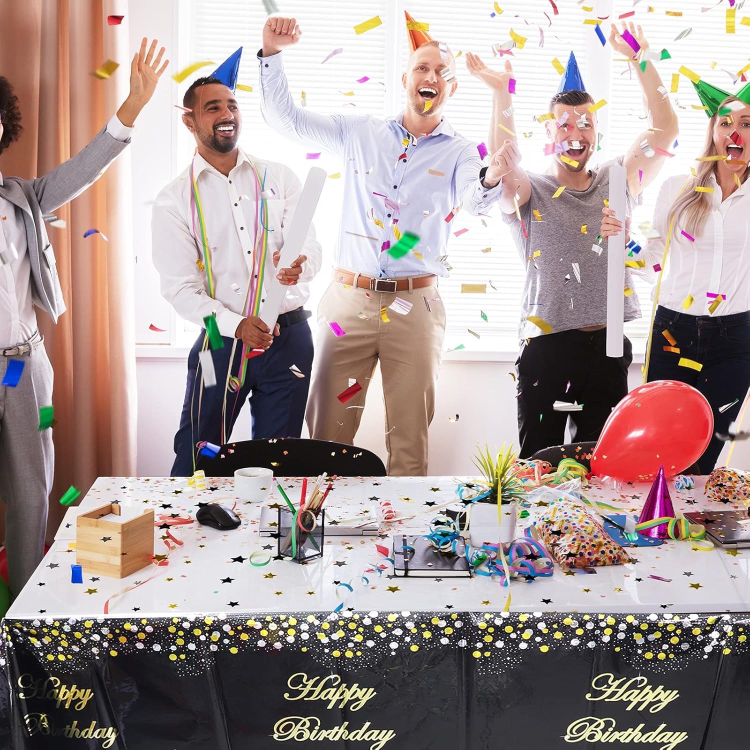 Amfin 54 x 72 Inch Happy Birthday Printed Metallic Foil Disposable Table Cover, Tablecloth for Party, Birthday Decoration. Waterproof, Shiny Finish - Black [Pack of 1] - Image 6 thumbnail