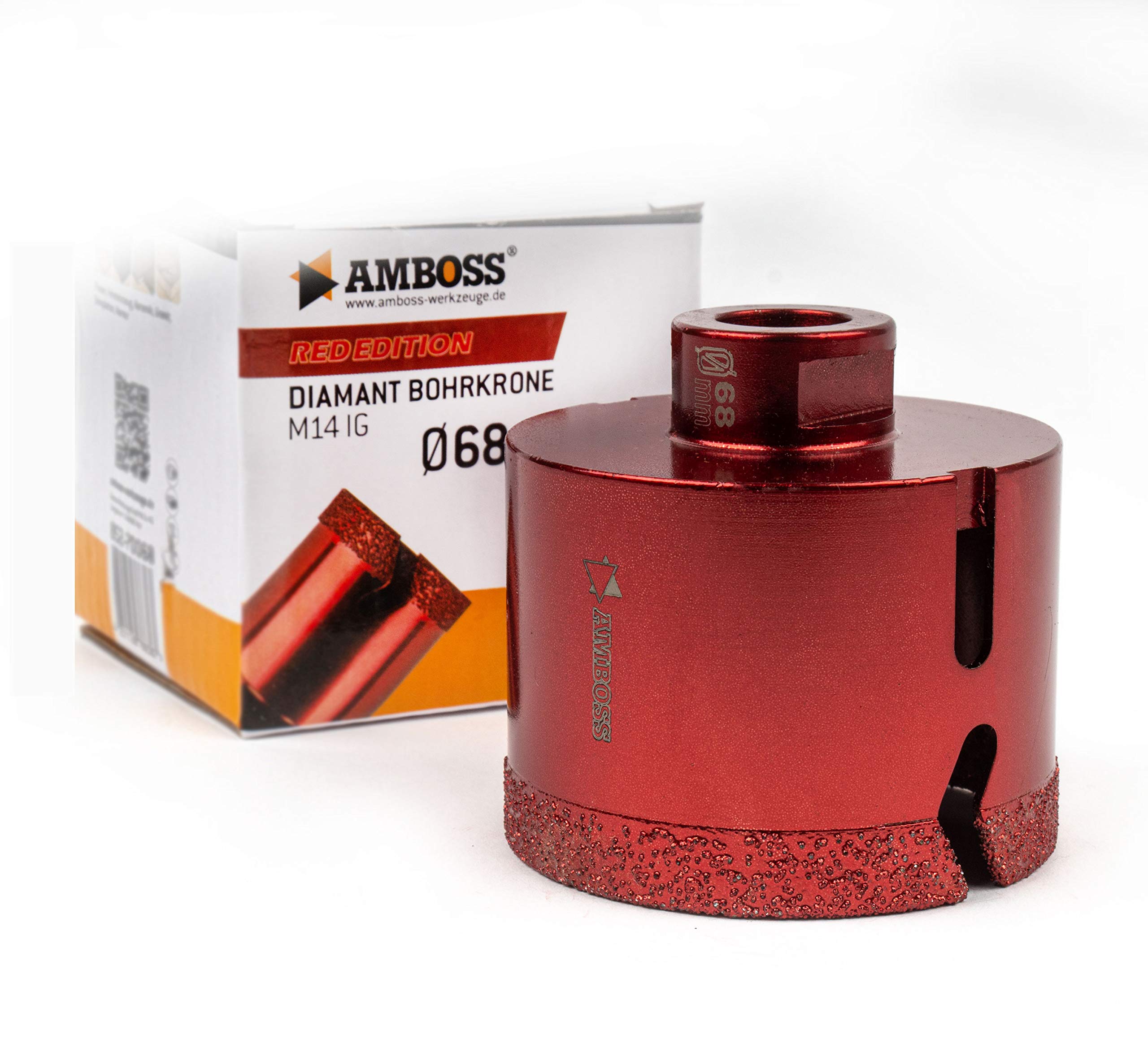 Corona de diamante Ø68mm - Amboss RED EDITION M14 - para amoladora angular - Baldosas, gres duro, granito - La corona de perforación en seco ideal