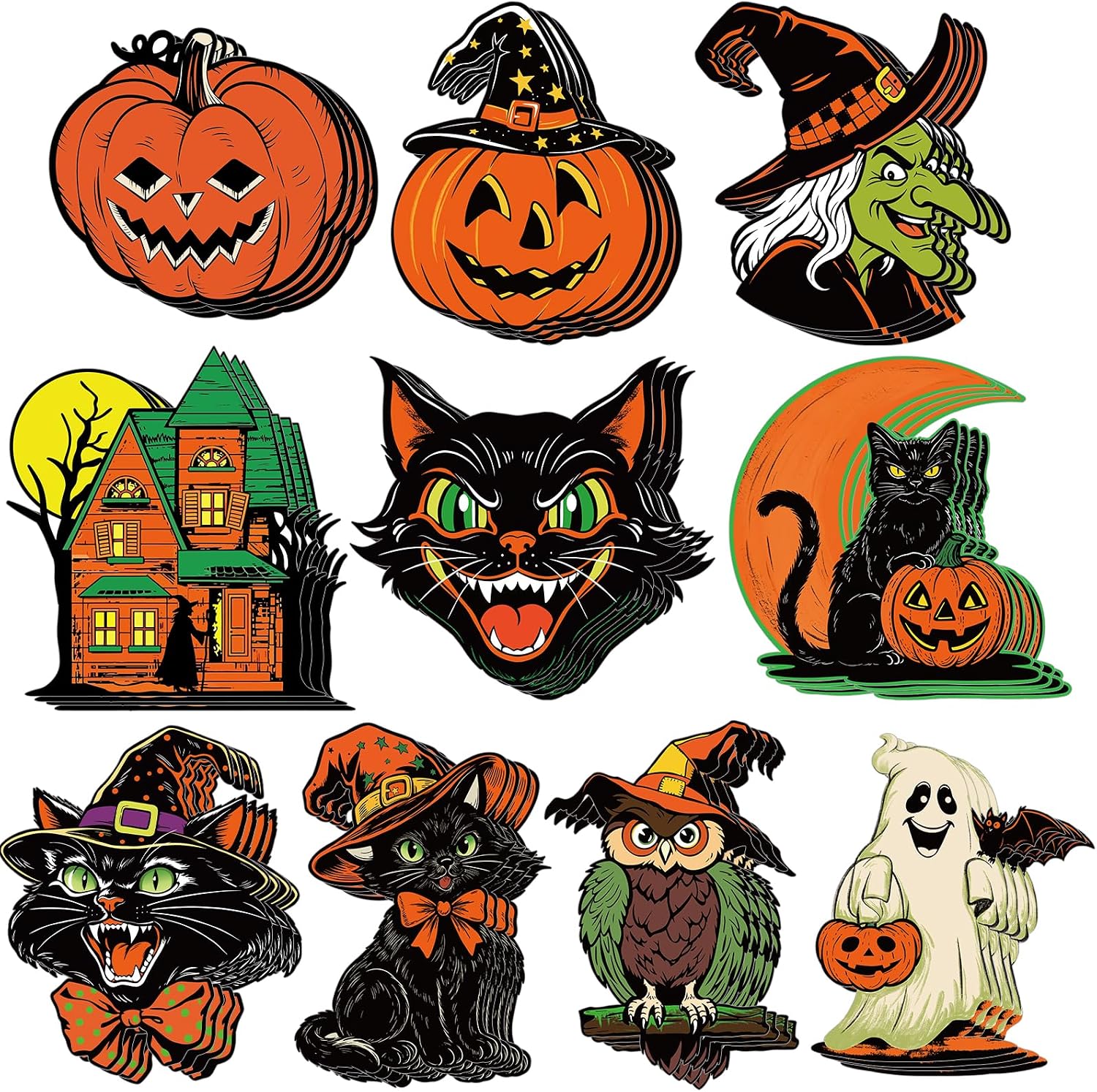 40 Pcs Vintage Halloween Decorations Halloween Cutouts Retro Halloween Spooky Ghost Pumpkin Witch Cat Cutouts for Trick or Treat Holiday Party Window Wall Decor