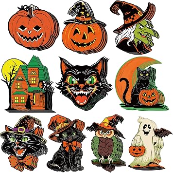 40 Pcs Vintage Halloween Decorations Halloween Cutouts Retro Halloween Spooky Ghost Pumpkin Witch Cat Cutouts for Trick or Treat Holiday Party Window Wall Decor