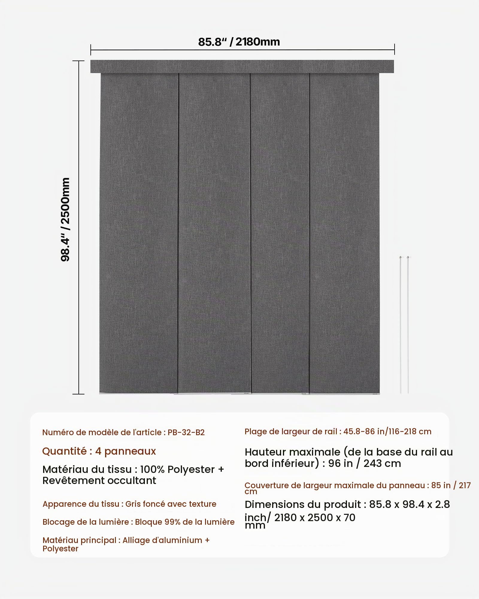 VEVOR Store à Panneaux Occultants Verticaux sur Rail Extensible 116-218 cm Largeur, Panneau Japonais Ajustable jusqu'à 243 cm de Hauteur, pour Porte Coulissante, Séparation de Pièce, Fenêtres, Gris