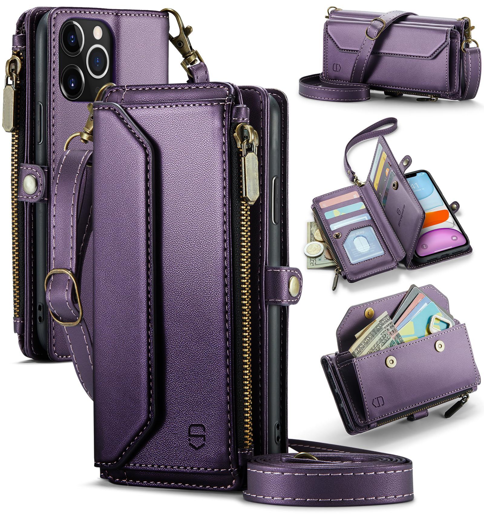 Strapurs Wallet Case Compatible with iPhone 11 Pro Max RFID Blocking 10-Card Holder Soft PU Leather Magnetic Snap Shoulder Strap Zipper Pocket Phone