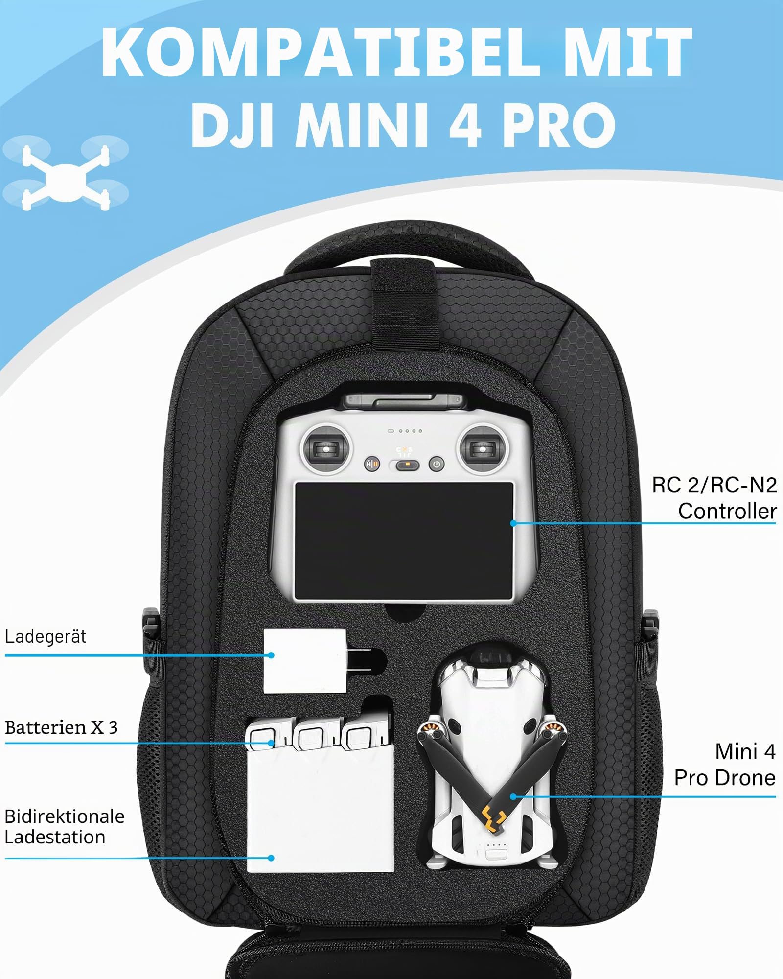 PEKREWS Tasche für DJI Mini 3/ Mini 4 Pro, für RC 2/ RC-N3/N2/N1 Controller | Drohne Rucksack, für 15,6 Zoll Laptop, Hartschale, Erweiterbar, Wasserabweisende, für Fly More Combo Zubehör, Reisetasche
