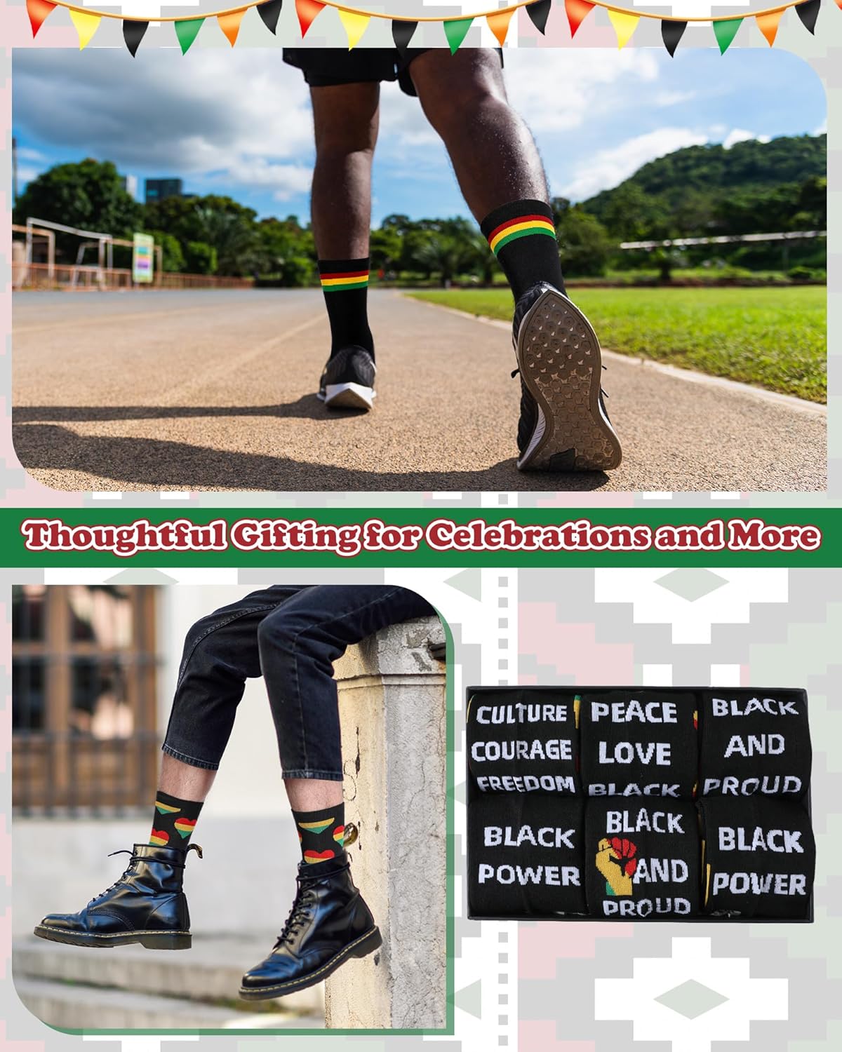 6 Pairs Black History Month Socks for Men Novelty African Flag Crew Socks Juneteenth Dress Black History Gifts for African Men - Image 6