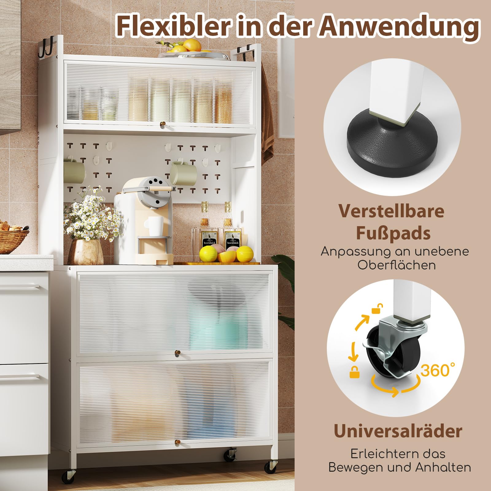 COSTWAY Küchenschrank hoch, Küchenregal mit Rollen, Buffetschrank mit Klapptüren, Stecktafel, Haken & Kippschutz, Standregal Hochschrank, für Küche Esszimmer Wohnzimmer, 80 x 40 x 160 cm (Weiß)