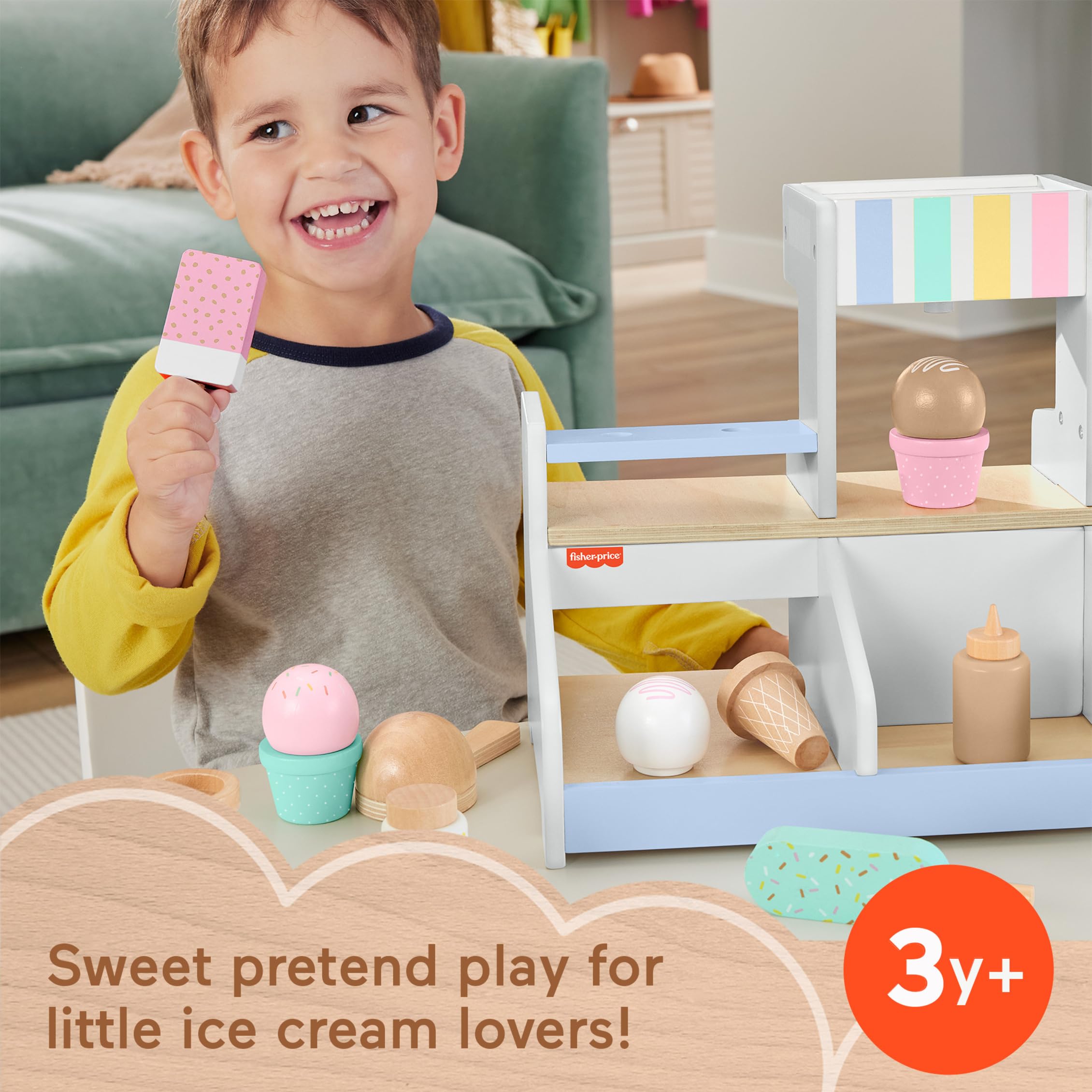 Fisher-Price Drewniana lodziarnia Zestaw z 18 elementami do zabawy w naśladowanie Drewniana zabawka dla 3 latków i starszych maluchów, HXV21