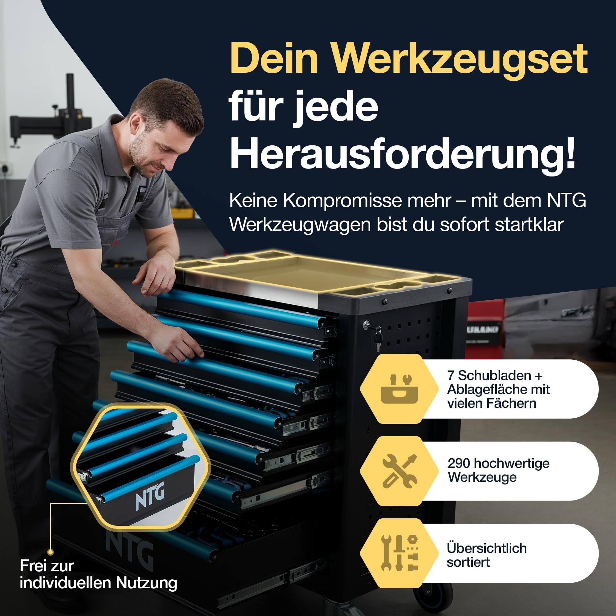 NTG WERKZEUGWAGEN GEFÜLLT MIT 290-TLG Werkzeug – Werkstattwagen, 7 Schubladen, abschließbar mit Zentralverriegelung, Mobile Rollen, stabile Stahlkonstruktion für Werkstatt & Garage