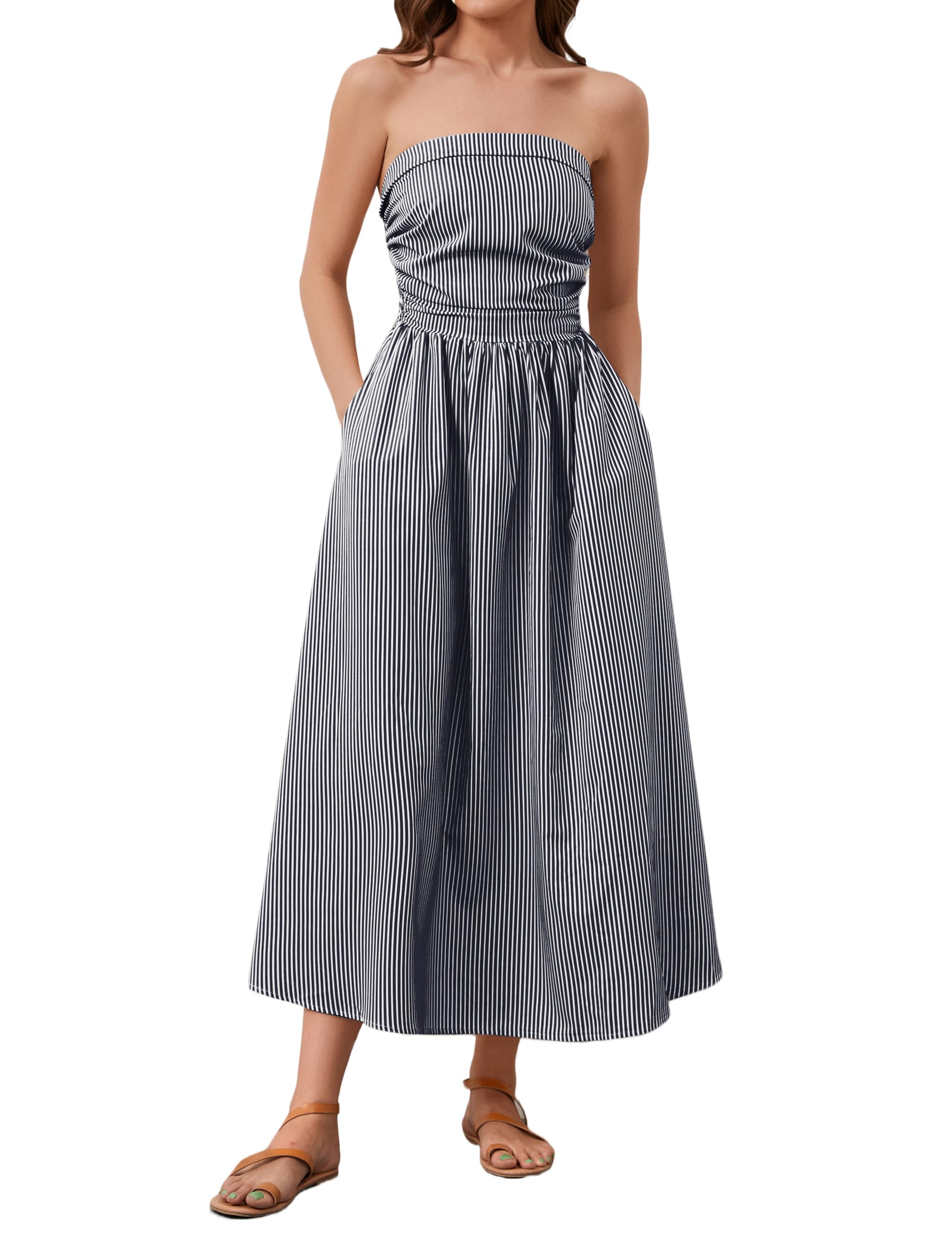 Dsewpaurwomen Striped Strapless Sleeveless Flowy Summer Casual