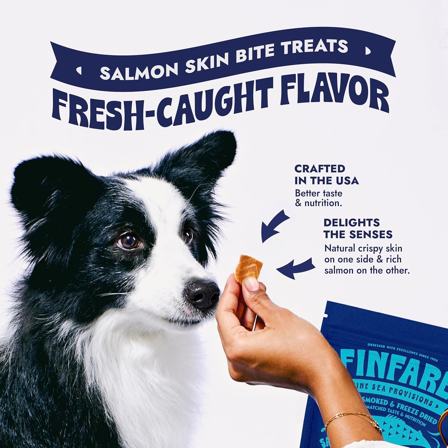 Finfare Freeze Dried Salmon Skin Treats for Dogs, Protein & Omega-3s, Grain Free Salmon Dog Training Treats, Crafted in USA, Bites - 9oz