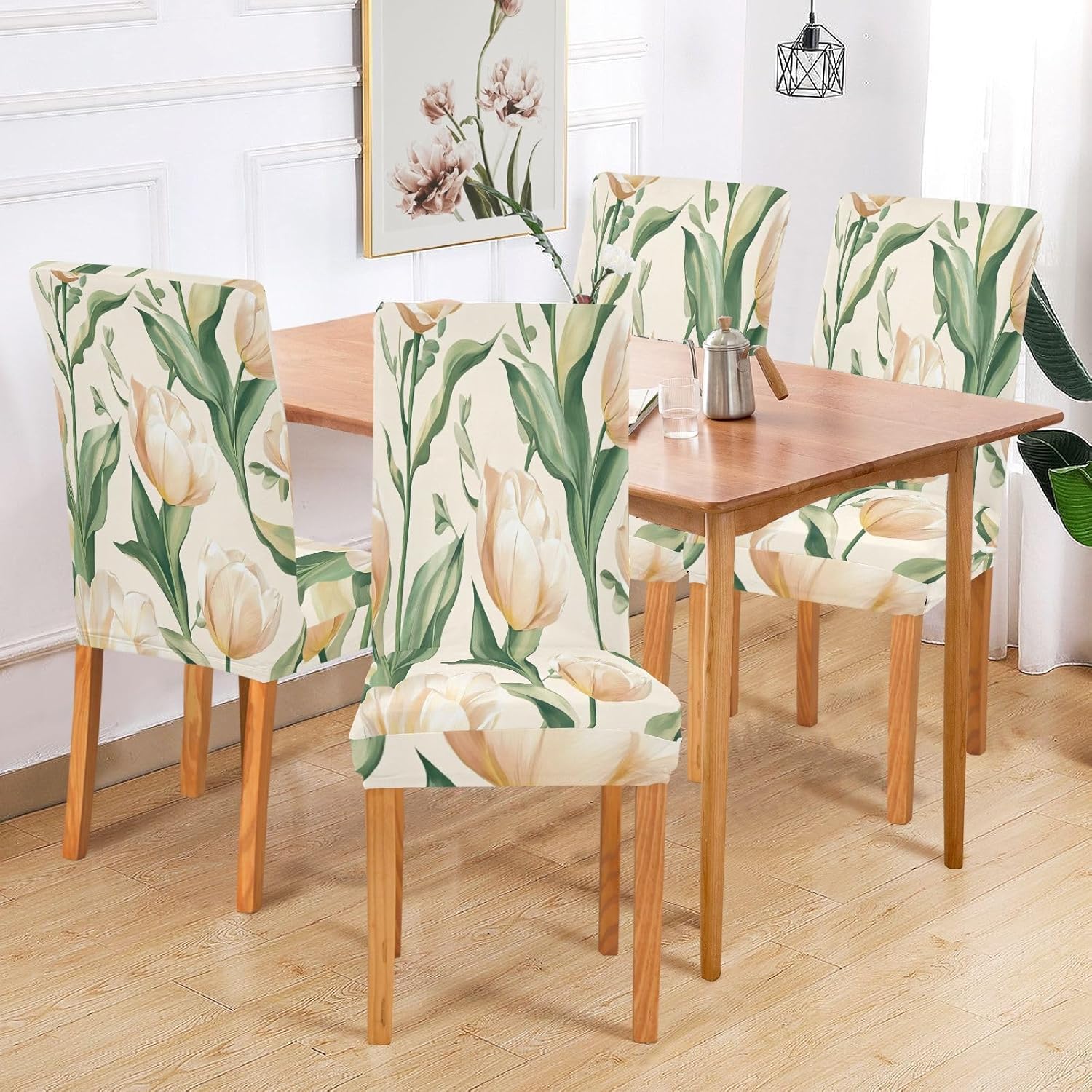 ALAZA Chair Covers for Dining Room, Romantic Pink Tulip Spring Flower Stretch Chair Cover Sets Chair Protector Removable Washable for Ktichen Restaurant Hotel