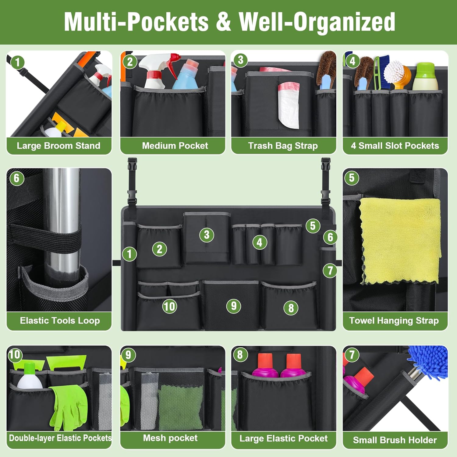 4PCS Trash Can Caddy Bags Fit 32-55 Gallon Garbage Bin, Garbage Bin Caddy Bag with 13 Pockets Compatible with Brute & Uline, Commercial Cleaning Supplies Organizer Bag & Janitorial Duties(4PCS)