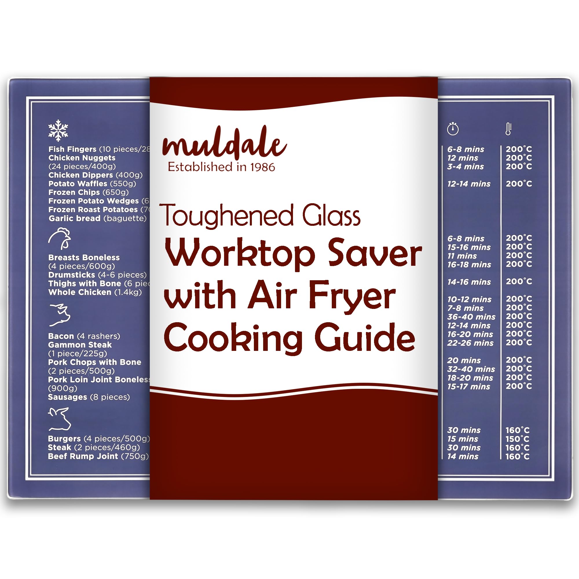 Muldale Blue Air Fryer Chopping Board - UK Conversion Chart - Toughened Glass Worktop Saver - Heat Resistant Cutting Board - Vintage Blue