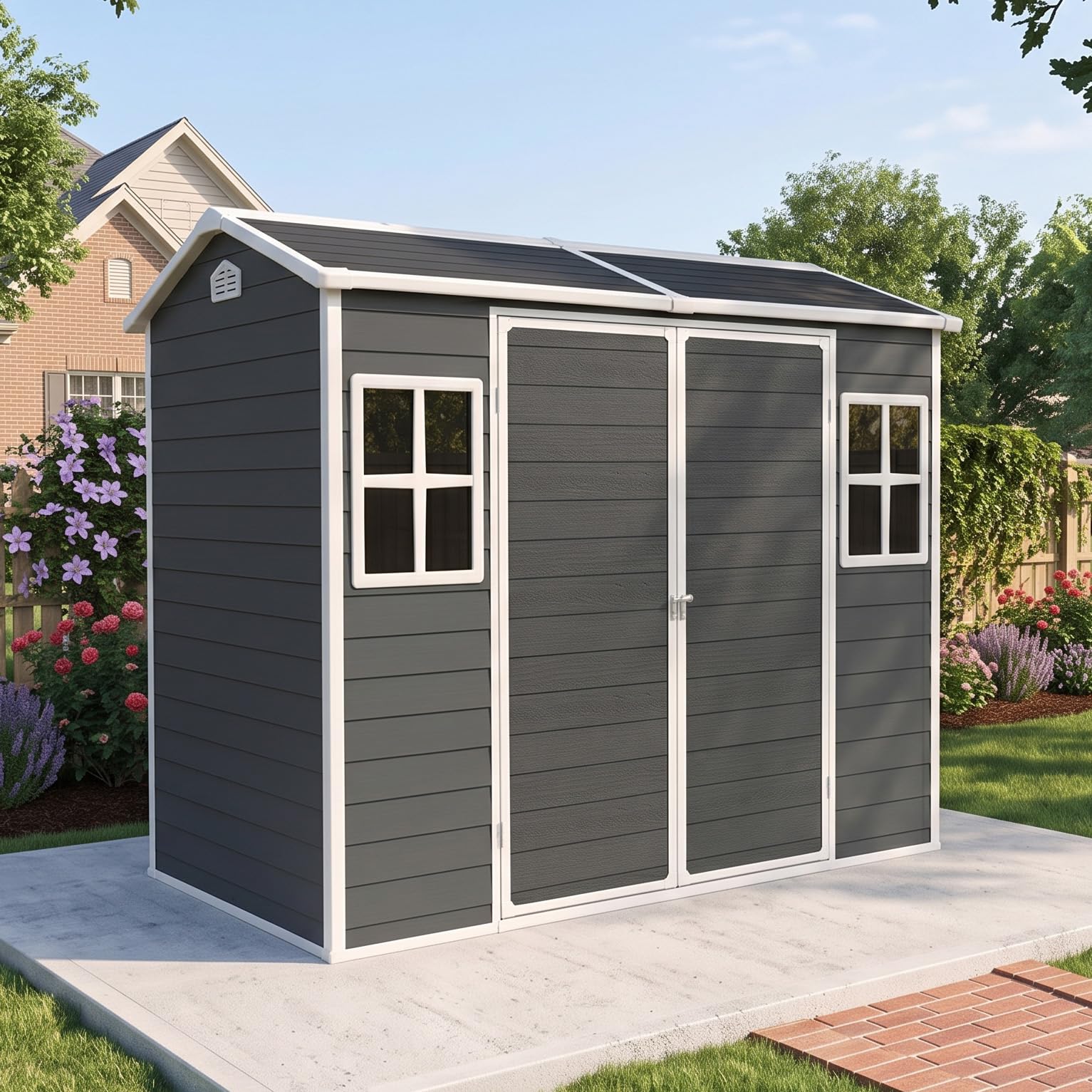 8x4 FT Resin Storage Sheds Outdoor with Floor Included, Plastic Sheds &amp; Outdoor Storage Clearance with 2 Windows and Lockable Door, Backyard Storage Sheds for Garden Tools