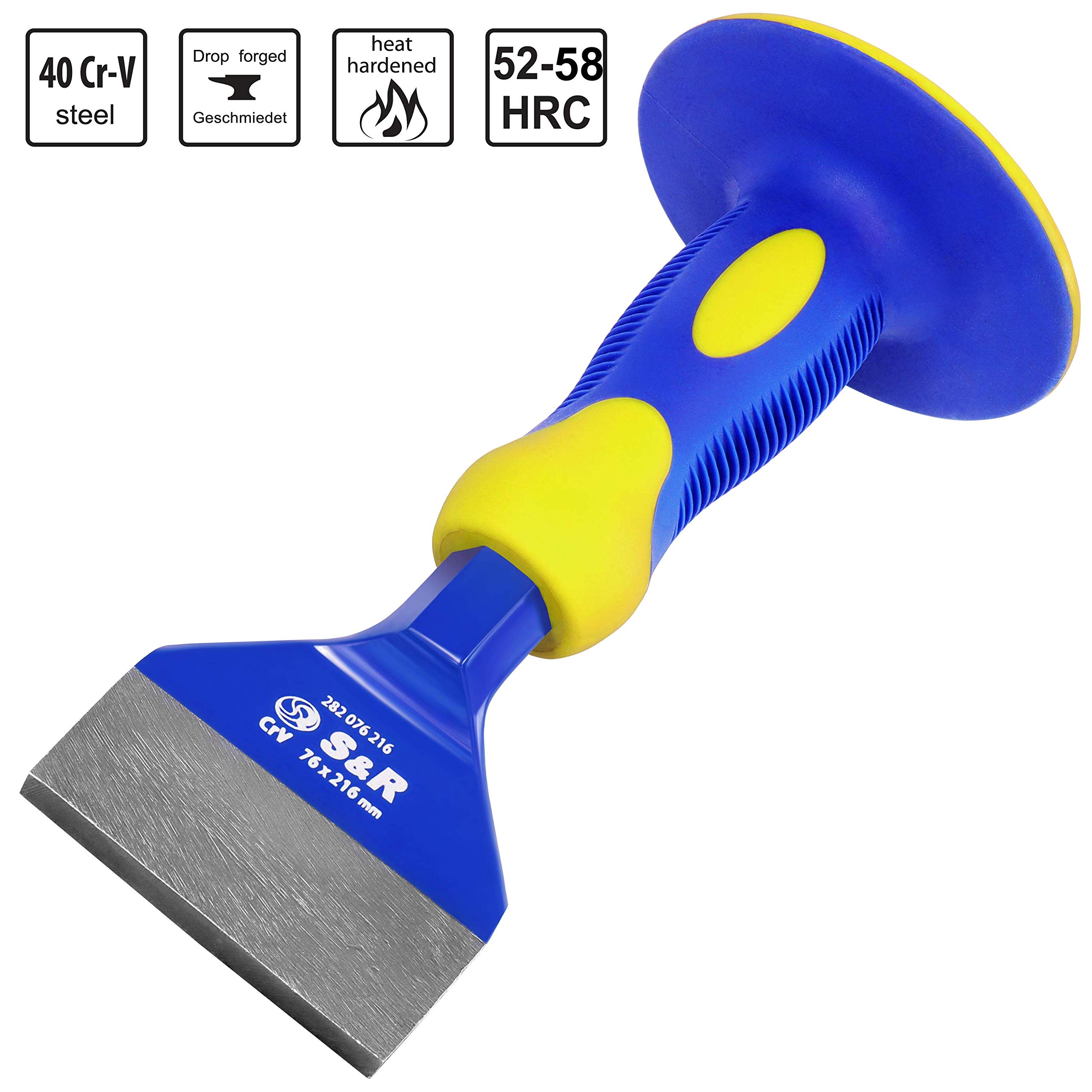 S&R Dłuto do płytek 216 x 76 mm szerokie dłuto murarskie ze stali chromowo-wanadowej z ochroną dłoni, specjalnie wygięte ostrze dłuto ręczne w profesjonalnej jakości