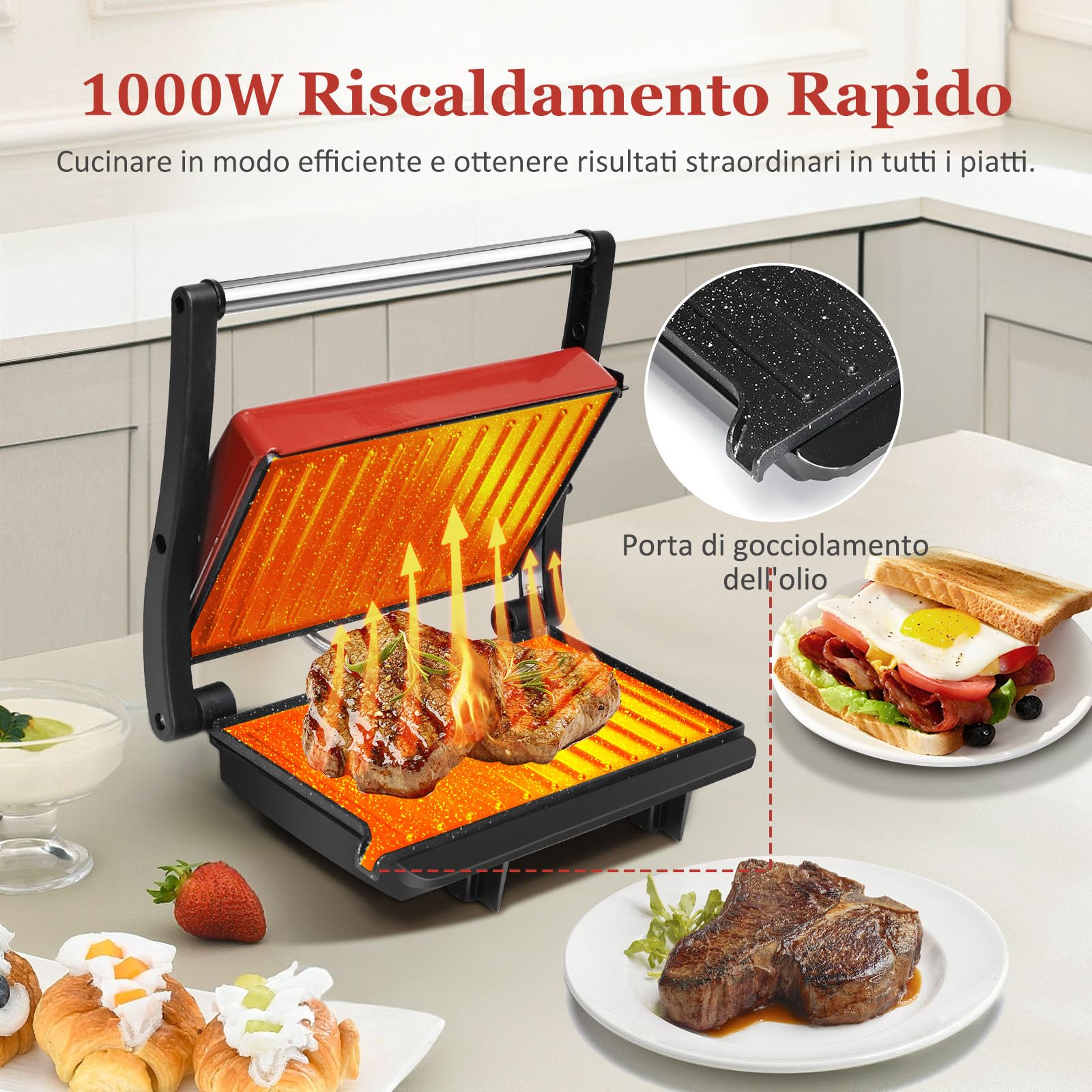 Aigostar Tostapane Piastra/Griglia Elettrica e Sandwich Maker 3 in 1, Con Piastra Antiaderente, 23 x 14,5 cm, Apertura a 180º, Temperatura Automatica, Piastra Elettrica per Cucinare 1000W, Warme