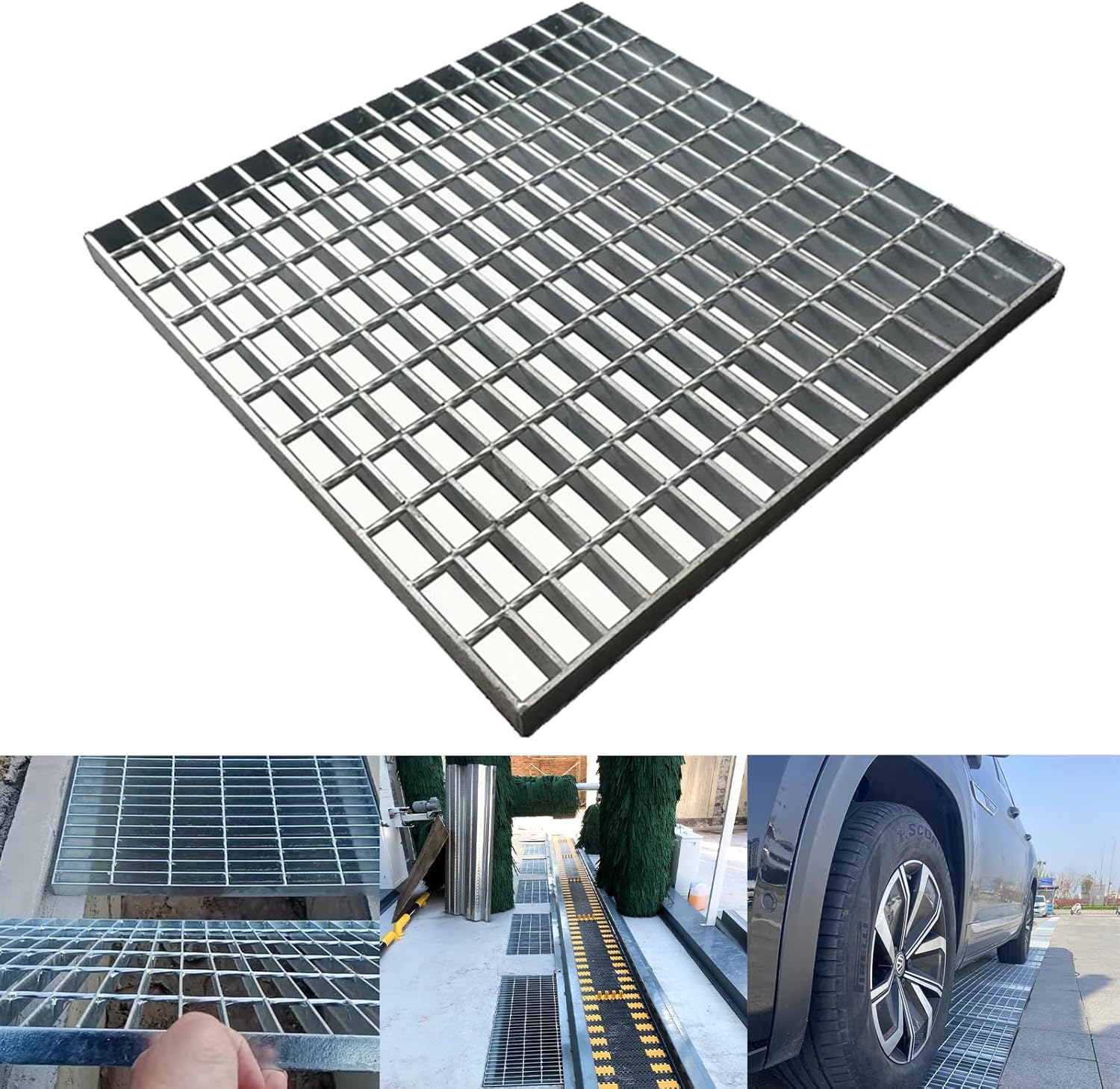 Galvanized Steel Drain Grate,24 * 24in Outdoor Drain Cover,Heavy Duty B125 Class Channel Grate,Rust-Proof Metal Sewer Grate,Silver Square Drainage Grate for Garage,Sewer,Dowmspout,Driveway,Yard 24*24in