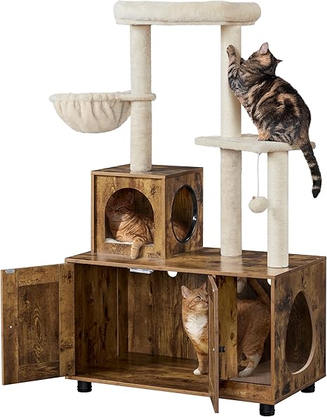 Yaheetech Cat Tree, 53in Cat Tower with Wood Litter Box Enclosure, 2-in-1 Cat Tree with Condo, Scratching Posts, Perch for Indoor Large Cats, Cat Activity Center, Rustic Brown/Beige