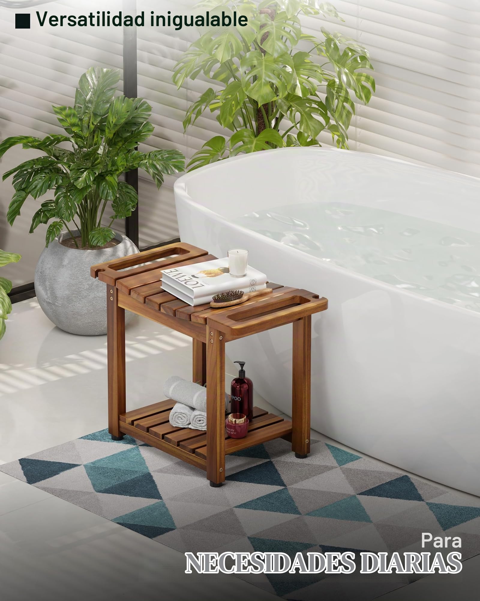 BLUEWEST Banco de Ducha con Estante de Almacenamiento, Bancos de Ducha de Madera Natural para Sentarse en el Interior, Taburete de SPA Impermeable para afeitarse Las piernas con Mango Integrado y