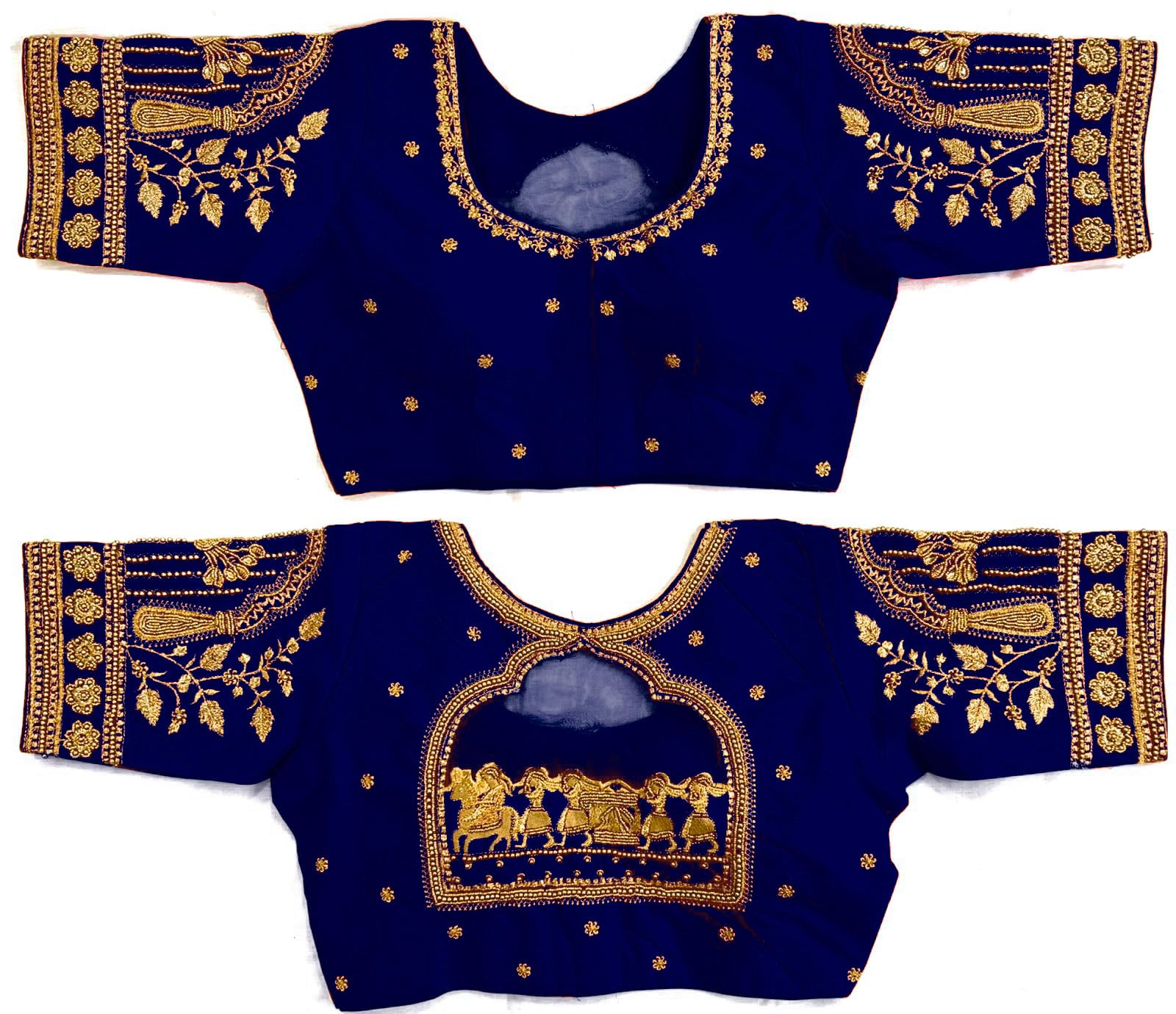 Pujia Mills Women's Golden Zari Embroidery Work With Heavy Maggam Work Multicolor Blouse(Ruby) (Navy Blue, 38)