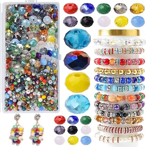 Faceted Glass Beads Set, 1000 Pieces Multicolor Crystal Rondelle Beads for Jewelry Making, 4mm/6mm/8mm Mixed Sizes with Storage Container, DIY Bracelet Necklace Earring Craft Supplies