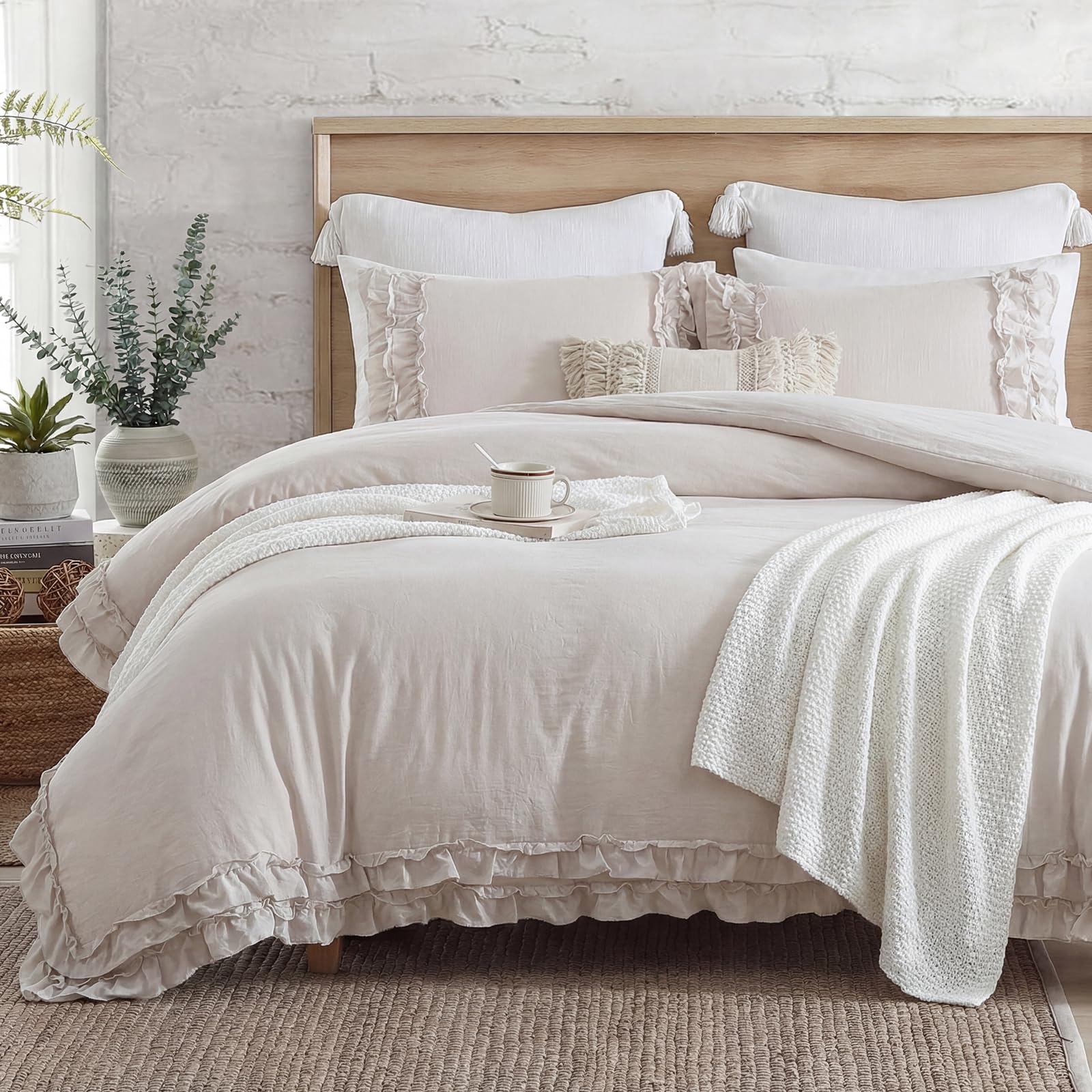 Photo 1 of Bedorm Beige Duvet Cover Queen Shabby Chic Bedding Soft Breathable Washed Microfiber Ruffle Duvet Cover Coquette Cute Comforter Cover Girls Women