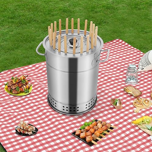 Miniatura 5 de Parrilla de carbón para barbacoa sin humo, kebab portátil de acero inoxidable con forma de barril de carbón envolvente con 20 pinchos, juego de