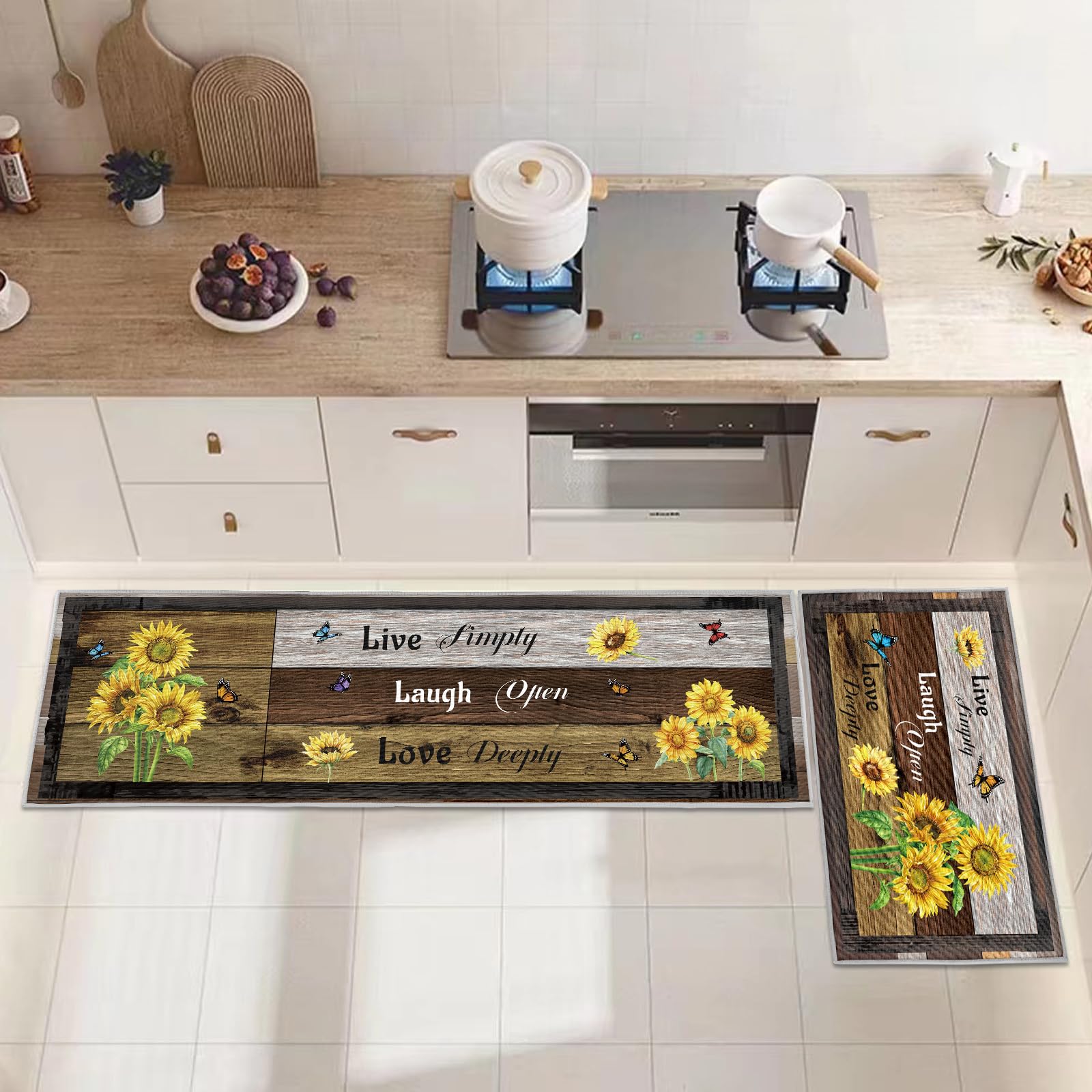 Set di 2 tappeti da cucina antifatica, tappetini da cucina per la decorazione della casa e l'ufficio, impermeabili, antiscivolo, tappetini da cucina comodi (Girasole, 43x75+43x150cm)