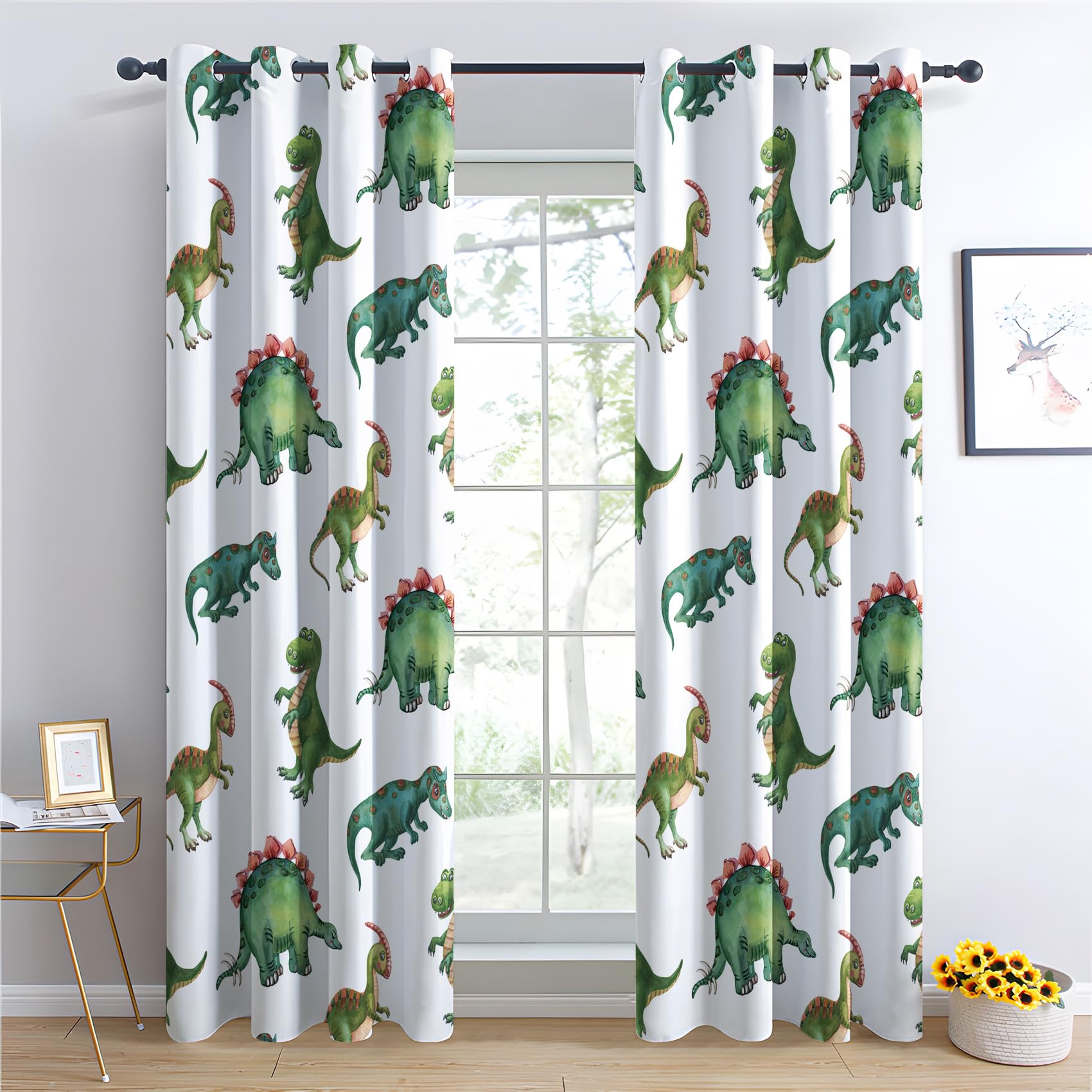 Dinosaurier Kinder Vorhänge, Verdunklungsvorhänge mit Muster Dschungel Tiere, Vorhang Blickdicht mit Ösen, Gardinen für Wohnzimmer Schlafzimmer Deko 2er Set - 200x140 (H X B)